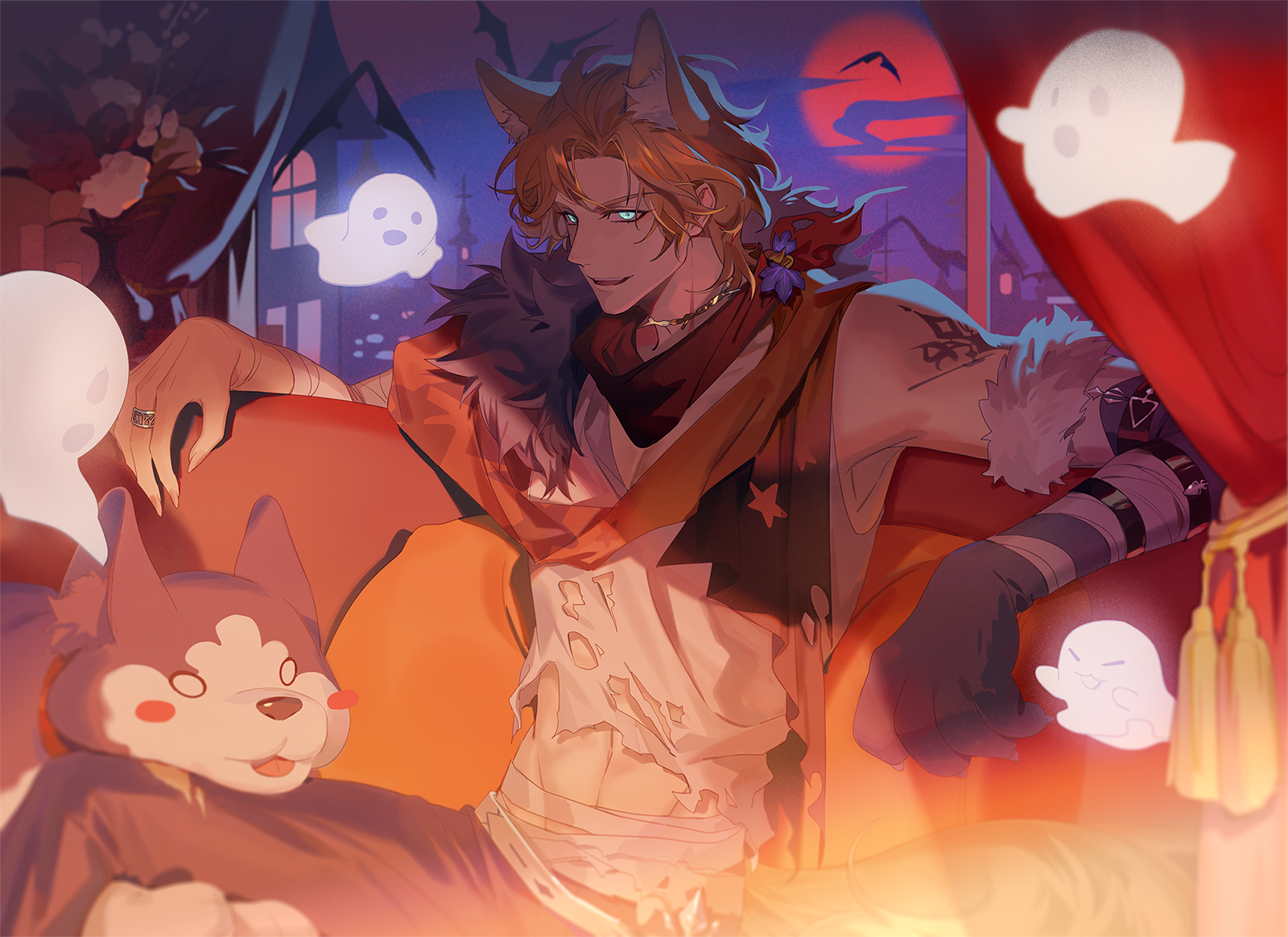 wuren daoshang dekezong, lars rorschach, lovebrush chronicles, commentary, english commentary, highres, 1boy, animal ears, animal hands, aqua eyes, arm belt, arm rest, bandaged arm, bandaged waist, bandages, bare shoulders, bat (animal), blonde hair, blush stickers, chain choker, choker, couch, curtained hair, curtains, cushion, dog, elbow gloves, extra ears, feet out of frame, fingernails, flower, fur armlet, fur scarf, ghost, gloves, glowing, glowing eyes, grey pants, halloween, halloween costume, house, husky, jewelry, kemonomimi mode, lars rorschach (magical halloween), looking at viewer, male focus, midriff, moon, night, on couch, orange scarf, pants, parted bangs, parted lips, paw gloves, red flower, red moon, ring, scarf, shade, sharp fingernails, short hair, single glove, sitting, smile, solo, star (symbol), star print, tank top, tassel, teeth, torn clothes, torn tank top, upper teeth only, v-shaped eyebrows, vase, white flower, white tank top, wolf ears