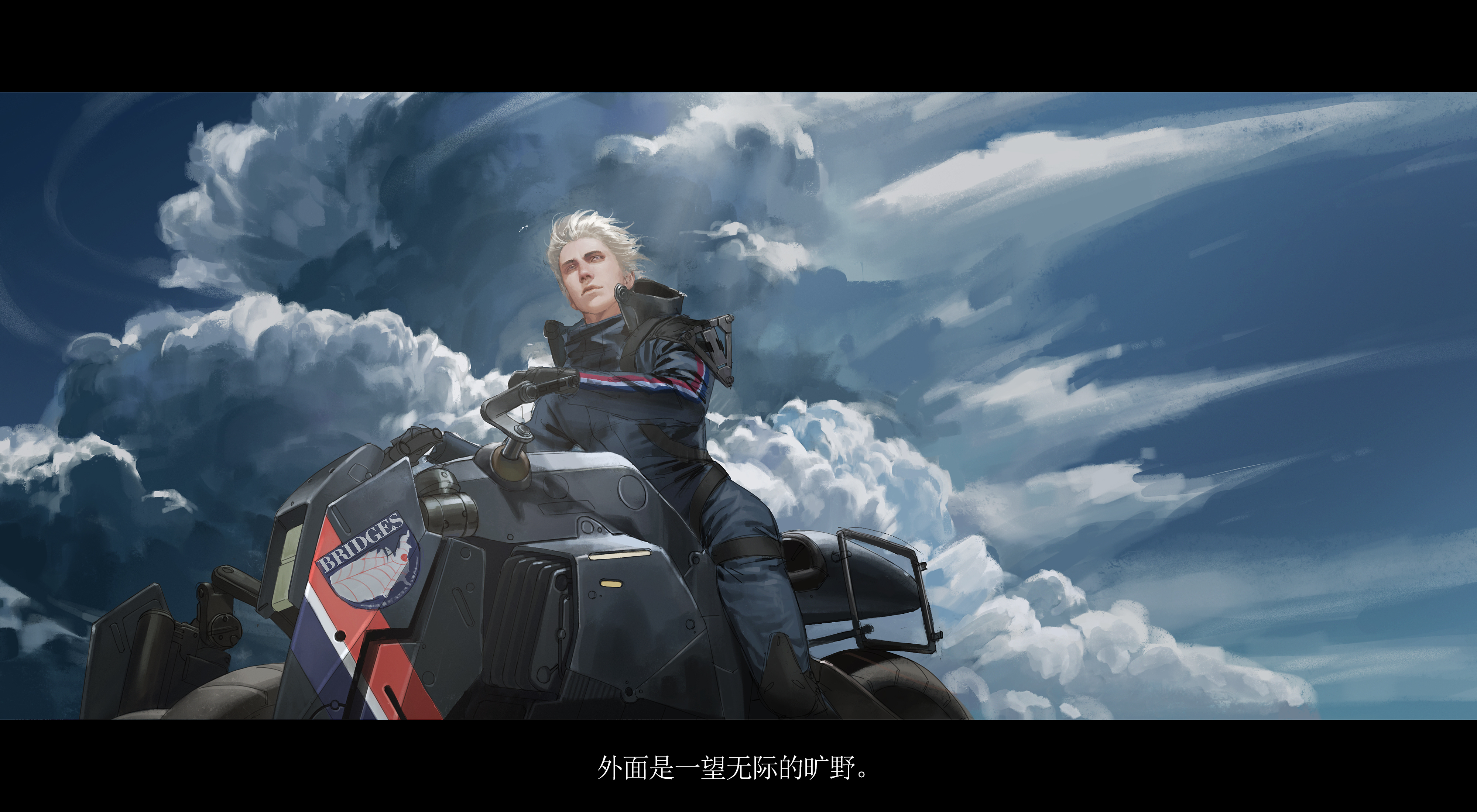 maozhu, vergil (devil may cry), death stranding, devil may cry (series), devil may cry 5, absurdres, commentary, english commentary, highres, translation request, 1boy, black gloves, blue jumpsuit, blue sky, cloud, gloves, jumpsuit, letterboxed, male focus, motor vehicle, motorcycle, outdoors, sky, white hair, wide shot