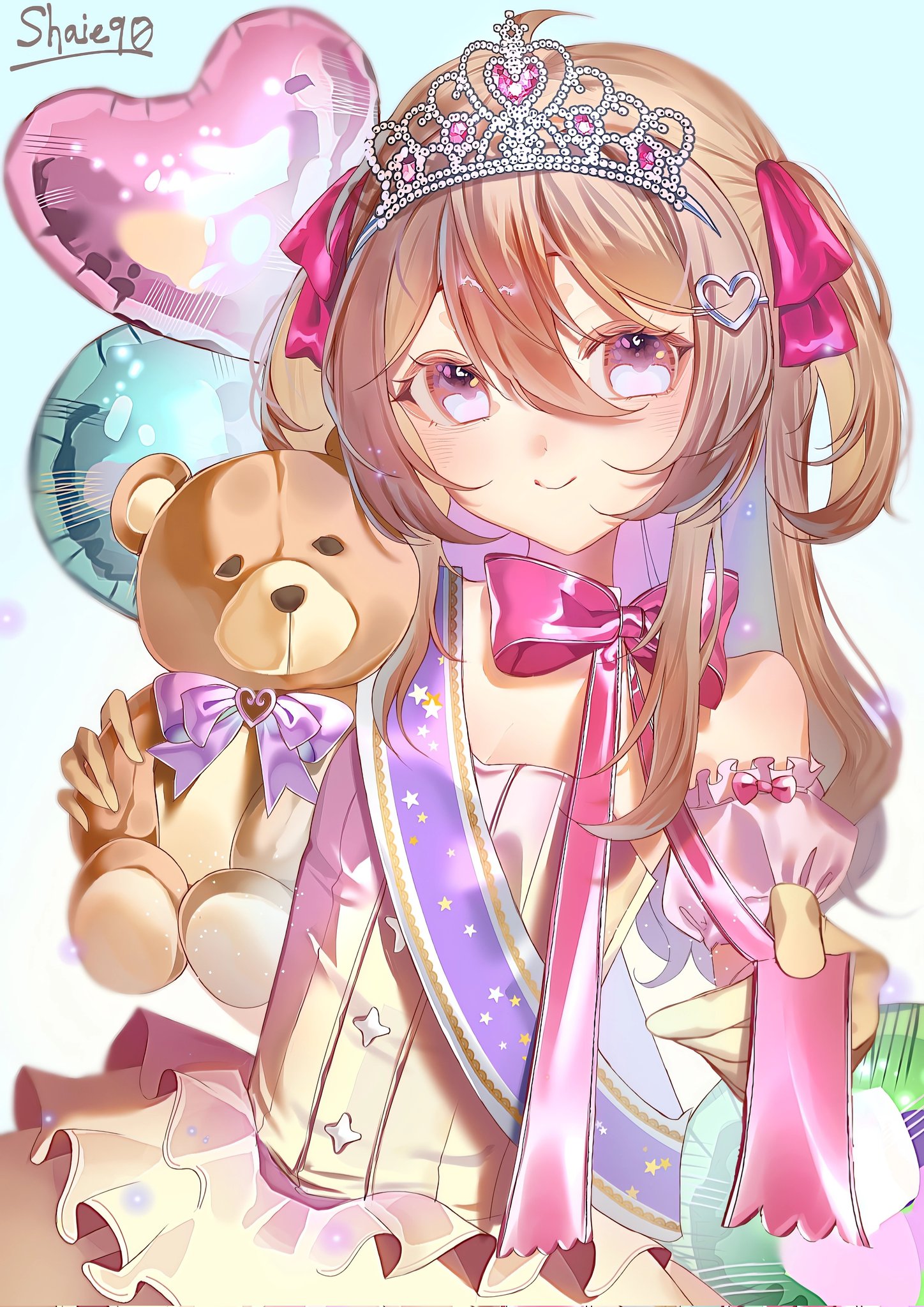neuro-sama, vedal ai, highres, 1girl, alternate costume, alternate eye color, artist name, balloon, blue background, bow, bowtie, breasts, brown hair, buttons, cleavage, closed mouth, colored inner hair, cowboy shot, double-parted bangs, dress, foreshortening, frilled dress, frills, gem, gradient clothes, gradient dress, gradient hair, hair between eyes, hair ornament, hair ribbon, heart, heart balloon, heart hair ornament, holding, holding ribbon, holding stuffed toy, layered dress, light particles, long hair, looking at viewer, multicolored hair, off-shoulder dress, off shoulder, outstretched arm, pink bow, pink bowtie, pink dress, pink eyes, pink gem, pink hair, pink ribbon, puffy short sleeves, puffy sleeves, purple bow, purple bowtie, purple sash, ribbon, sash, shaieq0, shiny clothes, short sleeves, shoulder sash, sleeve bow, small breasts, smile, star (symbol), star button, stuffed animal, stuffed toy, teddy bear, tiara, two side up, yellow dress