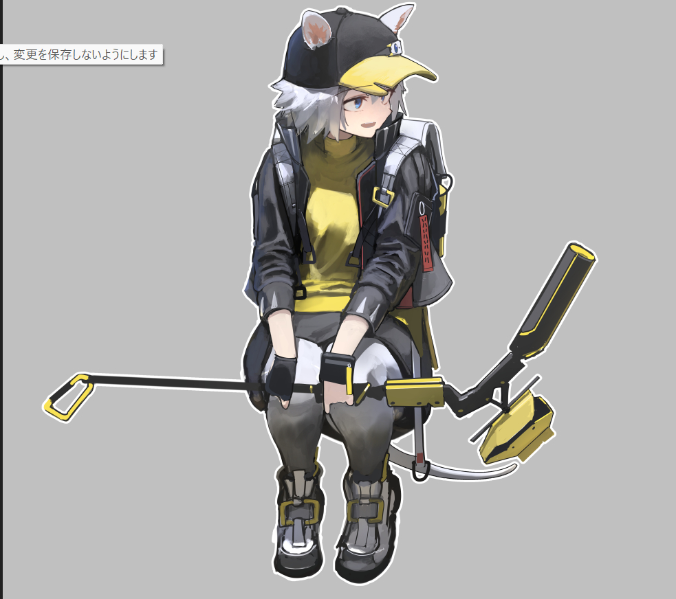 kusami toka naku au, click (arknights), arknights, translation request, 1girl, animal ears, baseball cap, black gloves, black hat, black jacket, black skirt, blue eyes, ears through headwear, fingerless gloves, gloves, grey background, grey hair, hat, holding, holding staff, jacket, long sleeves, mouse ears, mouse girl, mouse tail, open mouth, shirt, short hair, simple background, single fingerless glove, skirt, solo, squatting, staff, tail, two-tone headwear, yellow shirt