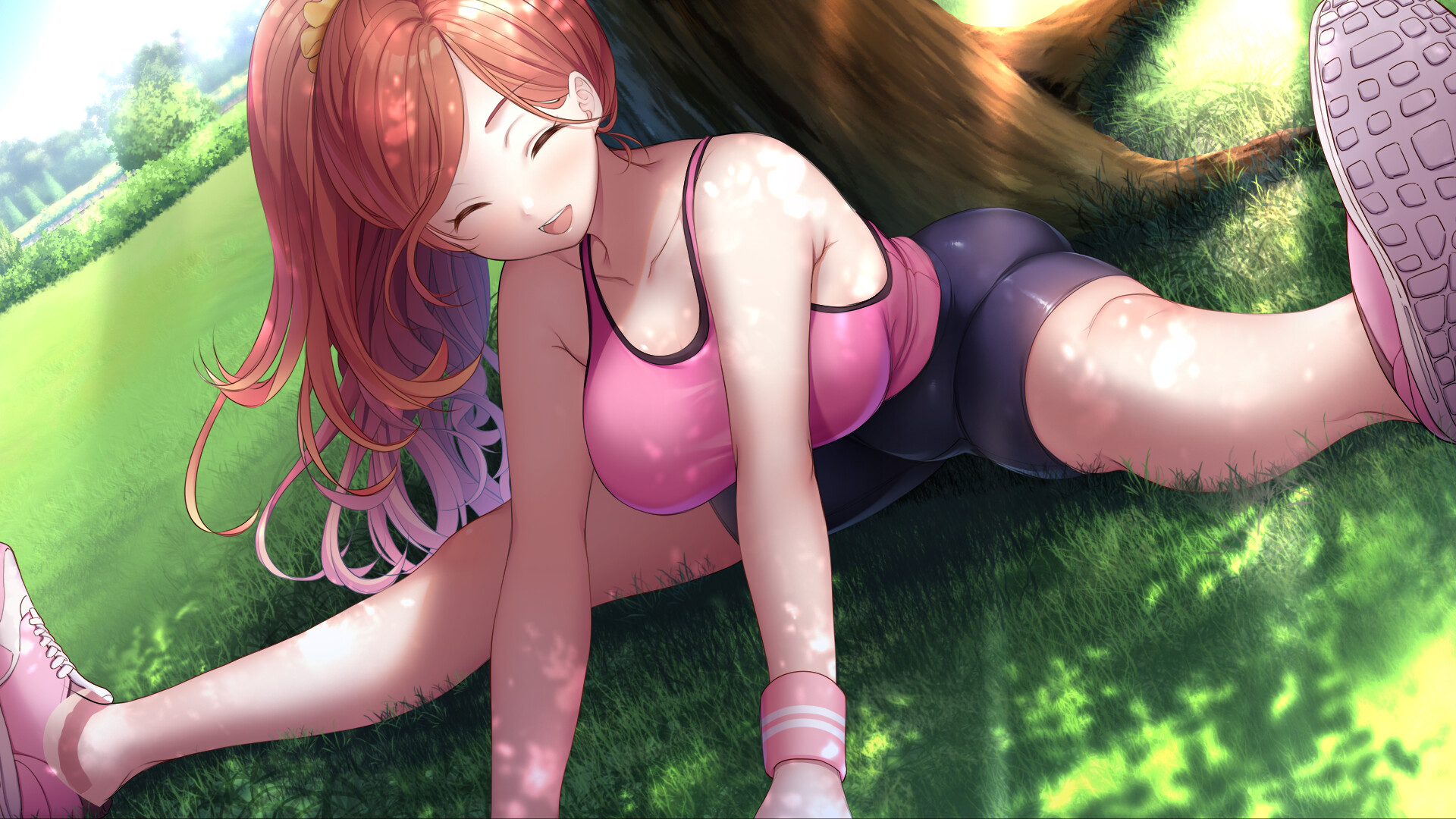 oryo (oryo04), game cg, highres, 1girl, bike shorts, black shorts, breasts, closed eyes, collarbone, grass, long hair, making lovely, open mouth, orange hair, pink shoes, pink tank top, ponytail, rinco himenokoji, shadow, shoes, shorts, smile, solo, stretching, tank top
