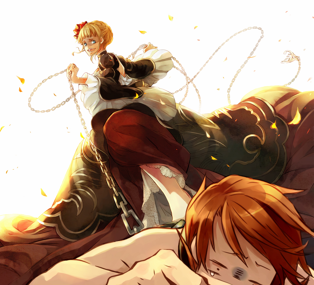 ayko, oono eiko, beatrice (umineko), ushiromiya battler, turn of the golden witch, umineko no naku koro ni, bad id, bad pixiv id, 00s, 1boy, 1girl, = =, bdsm, blonde hair, blue eyes, chain, choker, clothed female nude male, dress, femdom, frills, hair bun, hair ornament, hetero, humiliation, nude, petticoat, red hair, shoes, single hair bun, tears