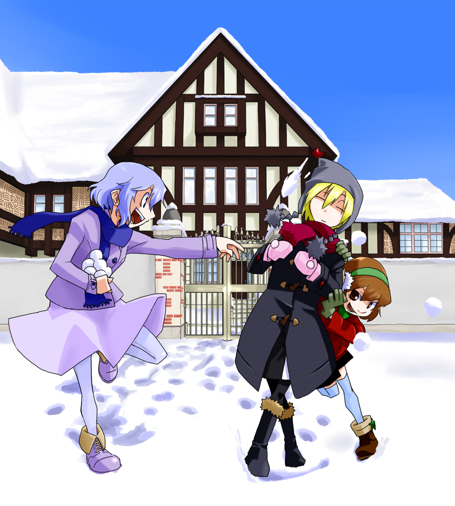 kansuke (artist), kansuke (bubuduke), lunasa prismriver, lyrica prismriver, merlin prismriver, touhou, 3girls, alternate costume, blonde hair, female focus, house, multiple girls, pantyhose, scarf, snow, snowball, snowball fight, thighhighs, winter, winter clothes