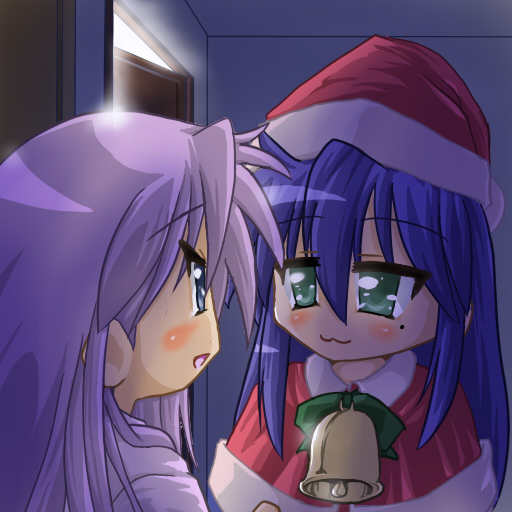 shinto i, hiiragi kagami, izumi konata, lucky star, 00s, 2girls, :3, bell, blue hair, christmas, eye contact, green eyes, looking at another, mole, mole under eye, multiple girls, purple hair, santa costume, yuri