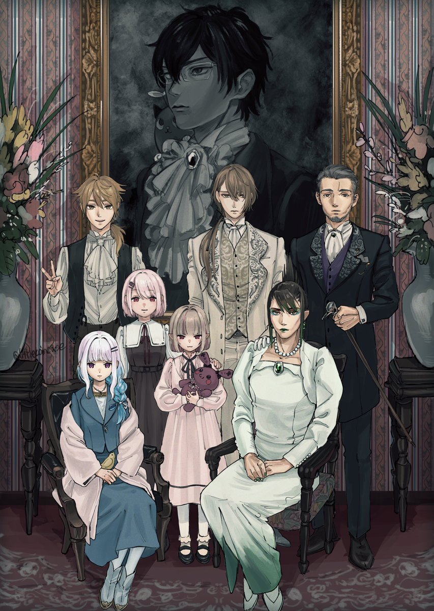 koze niire, debitto (makaino ririmu), fushimi gaku, hanabatake chaika, kagami hayato, leos vincent, lize helesta, makaino ririmu, shiina yuika, nijisanji, highres, 3girls, 4boys, alternate costume, ascot, beard, black hair, black suit, black vest, blue skirt, brown hair, cane, chair, crossdressing, crossdressing (mtf), dress, expressionless, eyeshadow, facial hair, formal clothes, hand up, indoors, light smile, lipstick, long hair, long sleeves, looking at viewer, low ponytail, makeup, mary janes, multicolored hair, multiple boys, multiple girls, pink dress, pink hair, plant, ponytail, portrait (object), potted plant, shirt, shoes, short hair, short ponytail, sitting, skirt, smile, streaked hair, suit, v, very short hair, vest, virtual youtuber, white ascot, white dress, white hair, white shirt, wooden chair