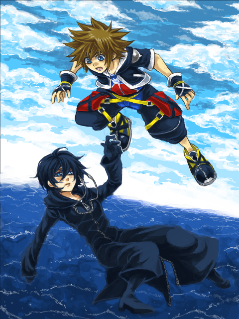 sora (kingdom hearts), xion (kingdom hearts), kingdom hearts, kingdom hearts 358/2 days, 1boy, 1girl, black coat (kingdom hearts), black hair, blue eyes, brown hair, cloak, day, ocean, sky