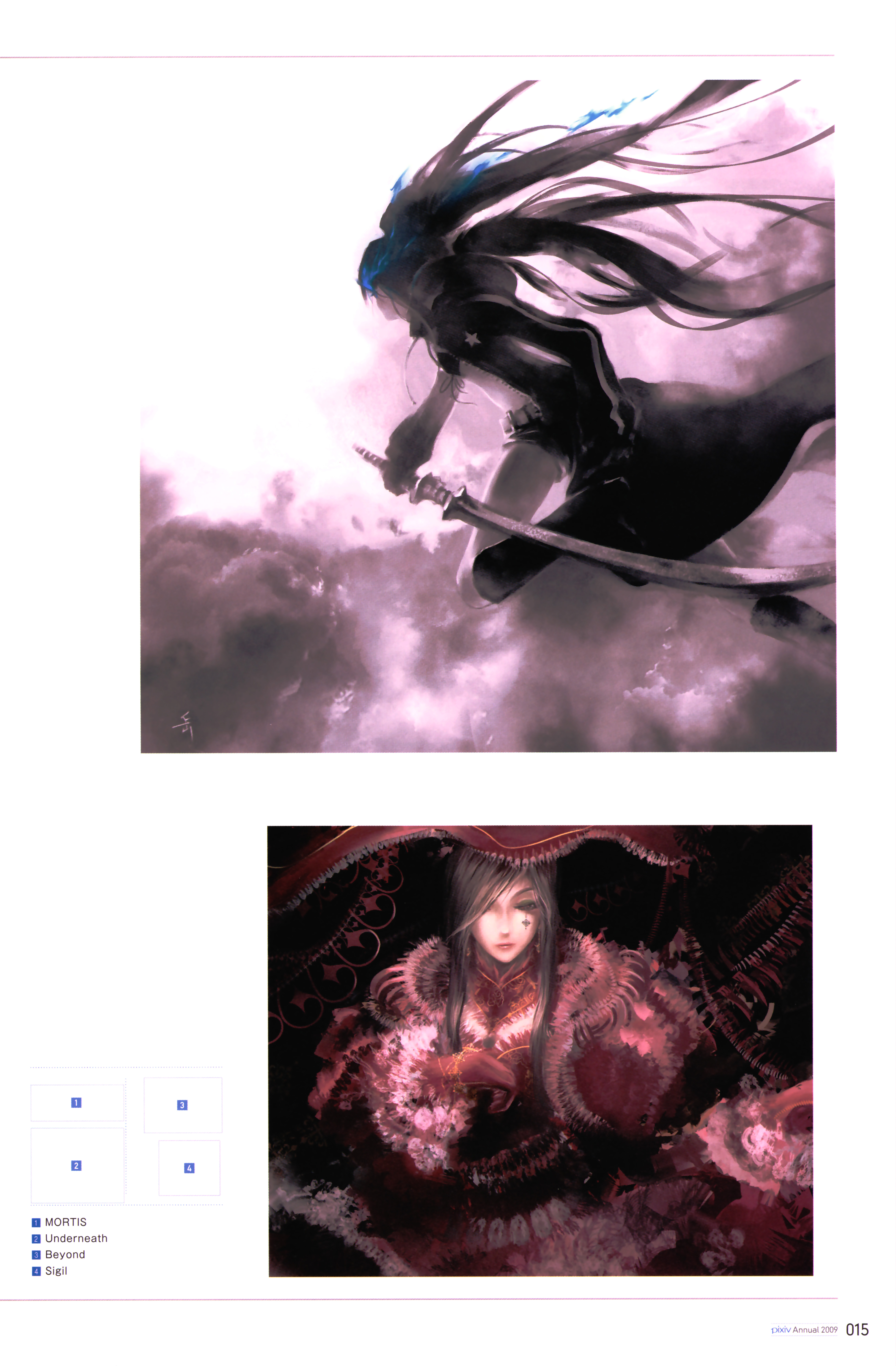 archlich, black rock shooter (character), black rock shooter, original, absurdres, highres, 10s, 2girls, bikini, black hair, blue eyes, female focus, gloves, hat, long hair, midriff, multiple girls, pixiv nenkan 2009, red eyes, shorts, solo, swimsuit, sword, twintails, weapon