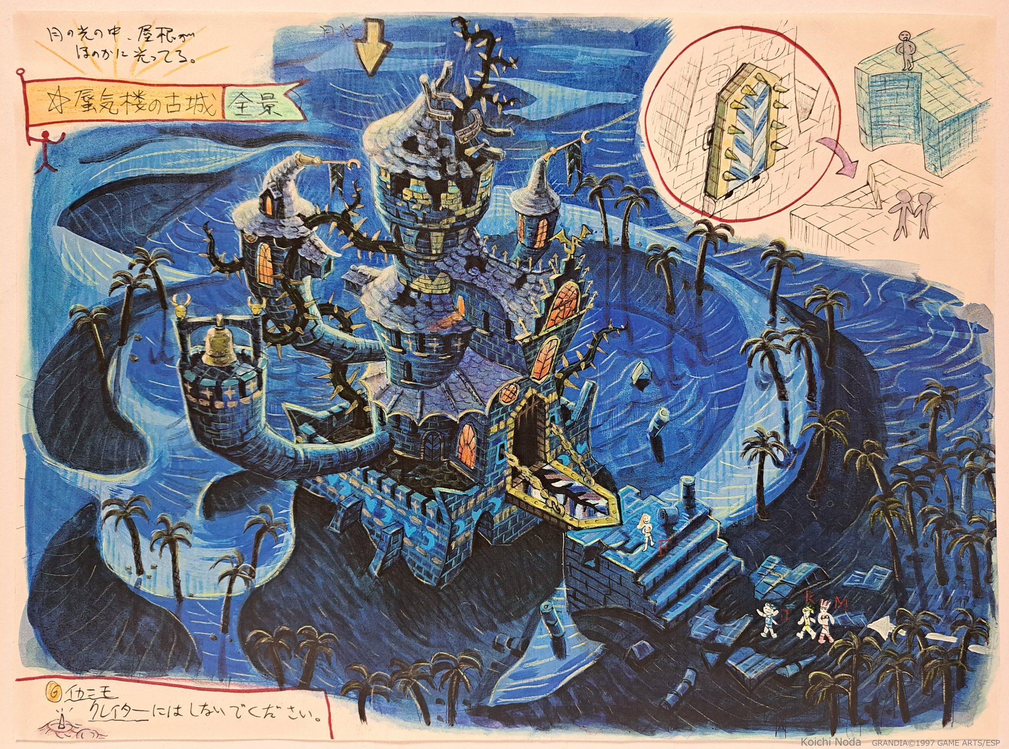 koichi noda, feena (grandia), justin (grandia), milda (grandia), rapp (grandia), grandia, grandia i, highres, official art, 1990s (style), 2boys, 2girls, artist name, castle, closed mouth, copyright name, copyright notice, flag, hat, long hair, multiple boys, multiple girls, palm tree, retro artstyle, smile, thorns, tree, window