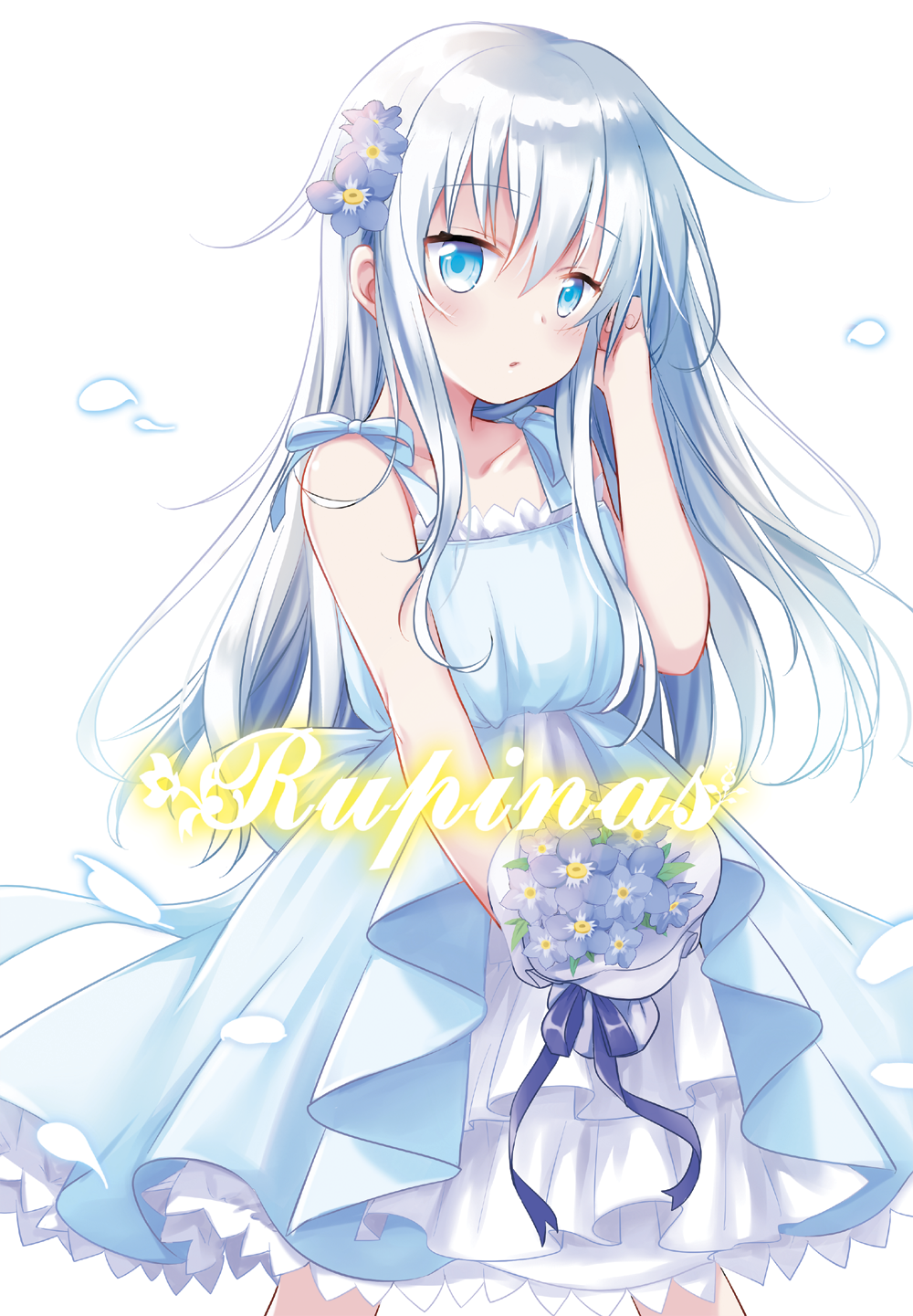 motohara moka, hibiki (kancolle), kantai collection, commentary request, highres, 1girl, alternate costume, blue dress, blue eyes, blue flower, blue hair, blush, bouquet, collarbone, dress, feet out of frame, flower, frilled dress, frills, hair between eyes, hair flower, hair ornament, holding, holding bouquet, long hair, long sidelocks, looking at viewer, parted lips, sidelocks, simple background, sleeveless, sleeveless dress, solo, standing, white background