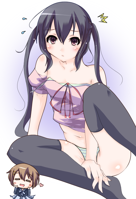 guunome, hirasawa yui, nakano azusa, k-on!, black legwear, eyebrows, 00s, 2girls, bare shoulders, black hair, blush, brown eyes, chibi, collarbone, female focus, fingernails, groin, hair between eyes, heart, long fingernails, long hair, looking at viewer, multiple girls, navel, no shoes, panties, parted lips, simple background, sitting, spread legs, striped clothes, striped panties, sweatdrop, thighhighs, twintails, underwear