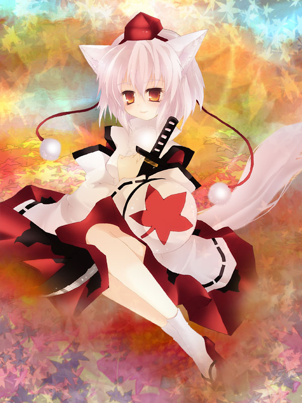 tentorisan juusan, inubashiri momiji, touhou, silver hair, 1girl, animal ears, brown eyes, detached sleeves, female focus, full body, hat, legs, shield, short hair, smile, socks, solo, sword, tail, tokin hat, weapon, wolf ears, wolf tail