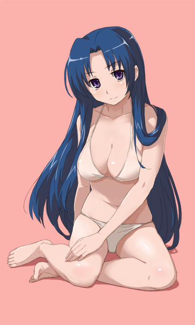 imo works, kawashima ami, toradora!, 00s, 1girl, barefoot, bikini, blue hair, breasts, cleavage, feet, female focus, kneeling, long hair, purple eyes, sitting, solo, swimsuit, white bikini, yokozuwari