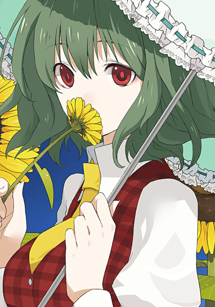 kintaro, kazami yuuka, touhou, 1girl, breasts, covering face, daisy (flower), female focus, flower, green hair, holding, holding flower, large breasts, necktie, parasol, plaid clothes, plaid vest, puffy sleeves, red eyes, smelling, smelling flower, solo, umbrella, upper body, vest, yellow necktie