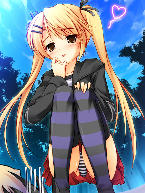 yuku (kiollion), kirishima kotone, flex comix, nyan koi!, 00s, 1girl, female focus, flat chest, loli, panties, pantyshot, shirt, sitting, skirt, solo, striped clothes, striped panties, striped shirt, striped thighhighs, thighhighs, twintails, underwear, upskirt