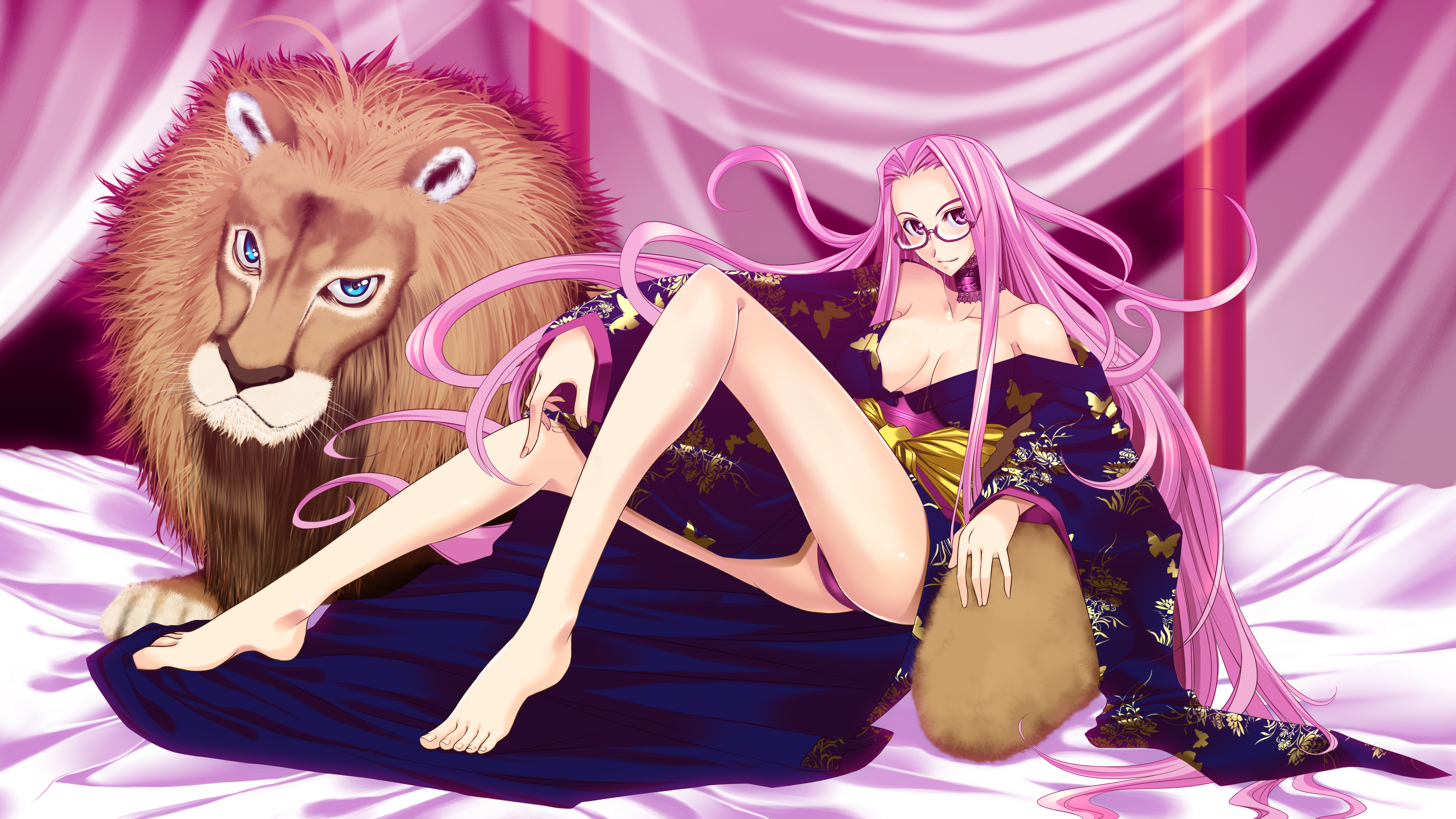 doomblade, medusa (fate), medusa (rider) (fate), fate/hollow ataraxia, fate/stay night, fate (series), absurdres, highres, 00s, 1girl, artistic error, bare legs, barefoot, bed, breasts, feet, female focus, glasses, japanese clothes, legs, lion, long hair, panties, purple hair, solo, underwear, very long hair