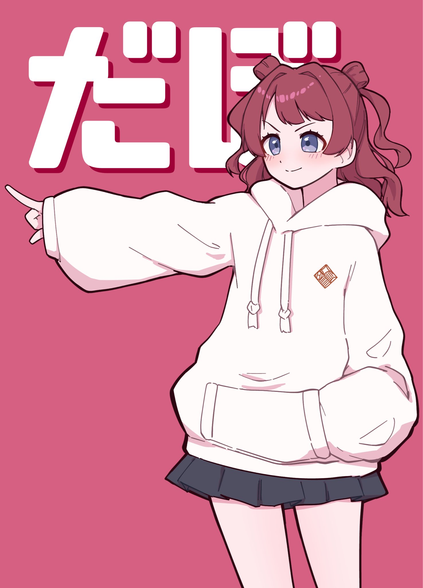 asari shiguren1, hanami saki, gakuen idolmaster, idolmaster, commentary request, highres, translation request, 1girl, black skirt, blue eyes, blush, closed mouth, cowboy shot, drawstring, hand in pocket, hood, hood down, hoodie, l hand, long sleeves, looking ahead, medium hair, miniskirt, outstretched arm, pleated skirt, pointing, puffy long sleeves, puffy sleeves, red background, red hair, school emblem, simple background, skirt, smile, solo, split mouth, standing, text background, two side up, white hoodie