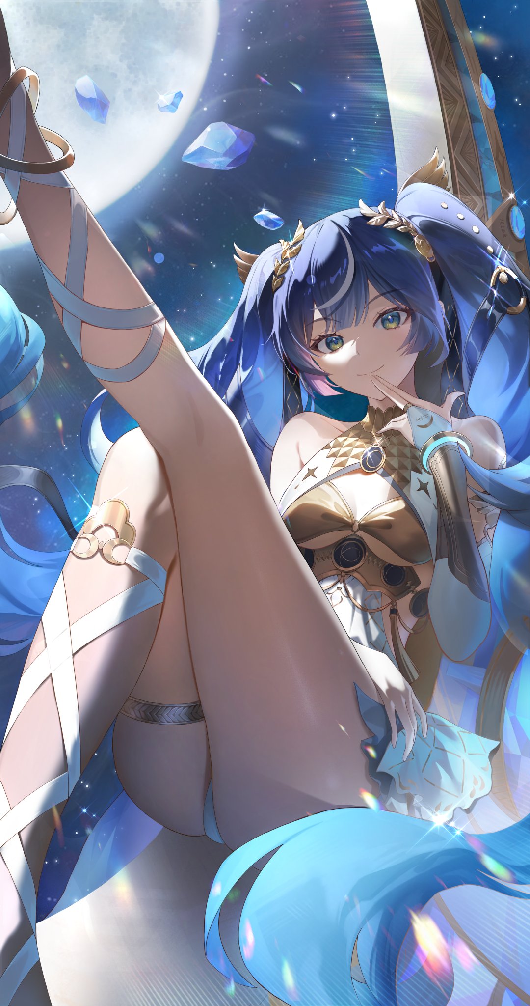 kama (kama ovo), iuno (wuthering waves), wuthering waves, commentary request, highres, korean commentary, revision, 1girl, bare shoulders, black skirt, blue eyes, blue hair, breasts, bridal gauntlets, cleavage, closed mouth, crystal shards, finger to mouth, gold bra, jewelry, kneepits, laurel crown, leg up, leg wrap, long hair, looking at viewer, medium breasts, miniskirt, multicolored hair, showgirl skirt, skirt, smile, solo, streaked hair, thighlet, thighs, twintails, vambraces, very long hair, white bridal gauntlets