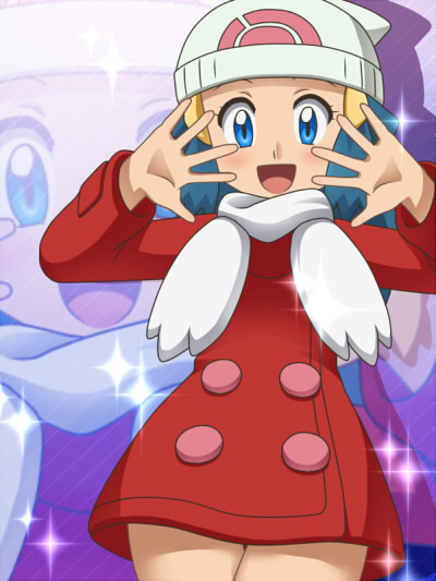 awa, dawn (pokemon), nintendo, pokemon, pokemon (anime), pokemon dppt (anime), 1girl, anime coloring, beanie, blue eyes, blue hair, coat, female focus, hat, matching hair/eyes, official style, raised eyebrows, scarf, solo, sparkle, white hat, zoom layer