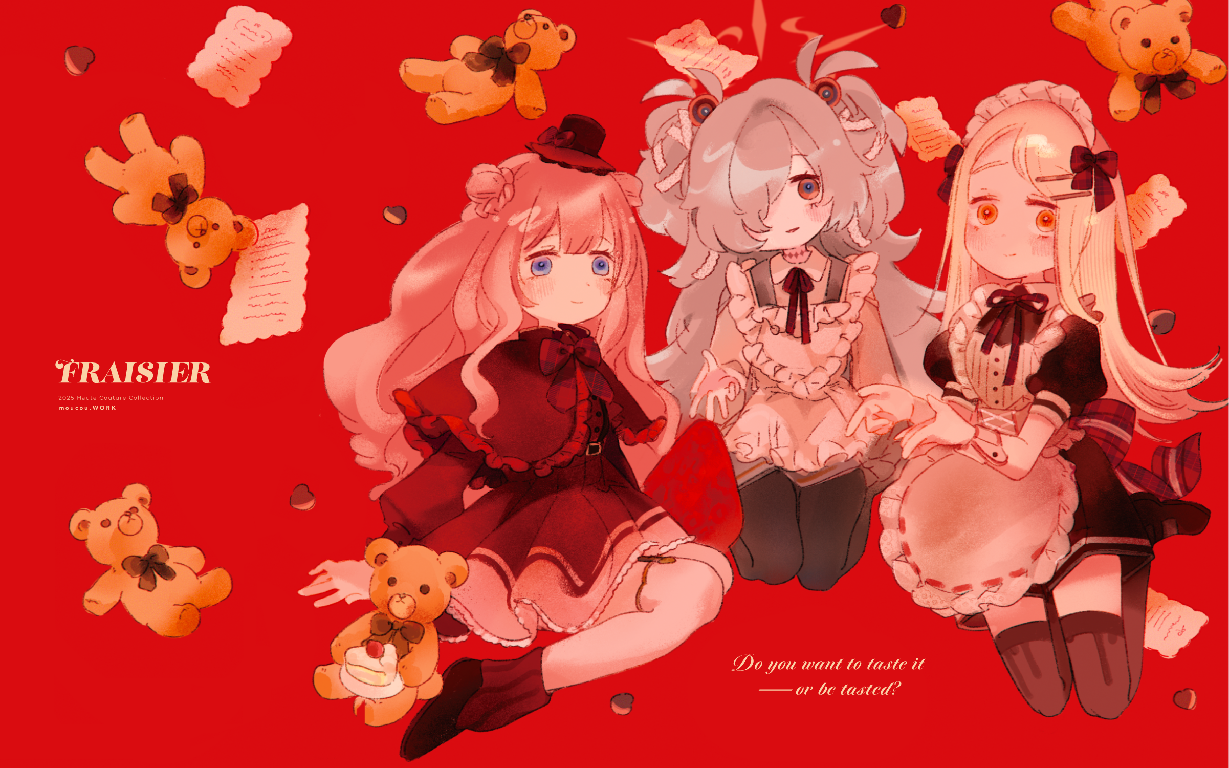 hikagami hinami, kanoe (blue archive), shinosawa hiro, suo sango, blue archive, gakuen idolmaster, idolmaster, nijisanji, commentary request, highres, 3girls, alternate costume, apron, back bow, belt, black dress, black hat, black pantyhose, black shoes, black thighhighs, blonde hair, blue eyes, blunt bangs, blush, bow, bowtie, braid, brown bow, brown bowtie, brown capelet, brown dress, brown eyes, brown leg warmers, brown ribbon, bun with braided base, cake, cake slice, candy, capelet, chocolate, chocolate heart, closed mouth, collared dress, collared shirt, contrast collar, crossover, double bun, dress, dress shirt, enmaided, flipped hair, food, frilled apron, frilled capelet, frilled dress, frills, grey hair, grey halo, hair bobbles, hair bow, hair bun, hair ornament, hair over one eye, hairclip, halo, happy mille-feuille (idolmaster), hat, heart, heart-shaped food, heart apron, juliet sleeves, leg warmers, long hair, long sleeves, looking at viewer, maid, maid apron, maid headdress, mini hat, mojyo, multiple girls, neck ribbon, one eye covered, orange eyes, pantyhose, paper, parallel hairclips, parted lips, pinafore dress, pink hair, plaid bow, plaid bowtie, plaid clothes, plaid ribbon, plate, puffy sleeves, red background, ribbon, shirt, shoes, short dress, sitting, sleeveless, sleeveless dress, smile, strawberry shortcake, stuffed animal, stuffed toy, teddy bear, thighhighs, two side up, very long hair, virtual youtuber, wariza, white apron, white headdress, white shirt, wrist cuffs, yokozuwari