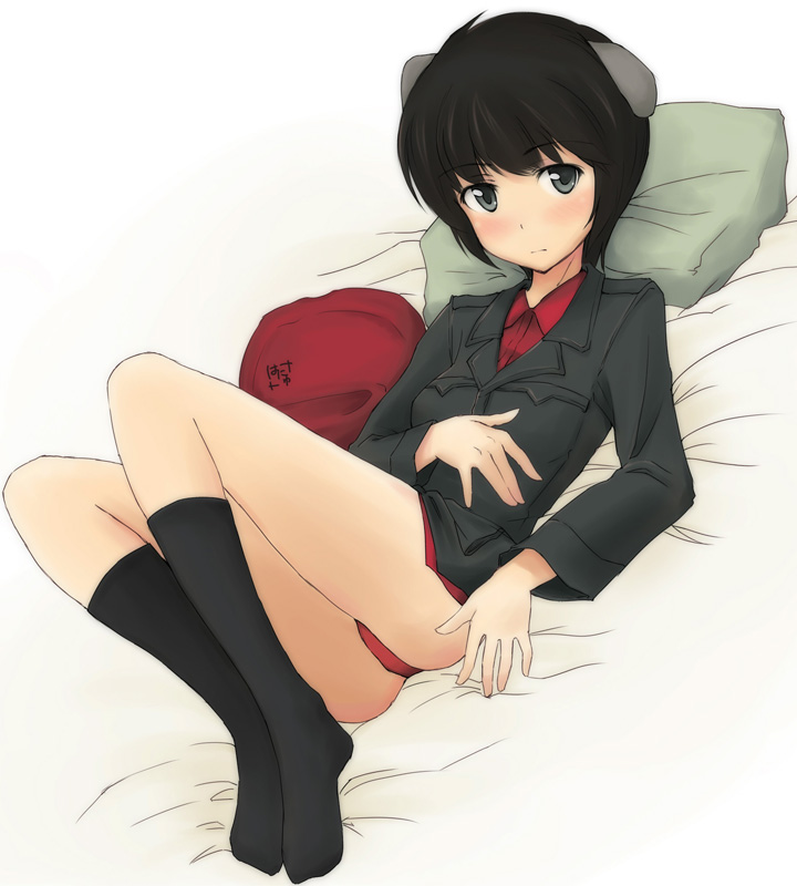 luciana mazzei, hanyu, strike witches, strike witches: kurenai no majo-tachi, world witches series, 00s, 1girl, bed, black hair, black socks, blush, female focus, panties, pillow, short hair, socks, solo, underwear