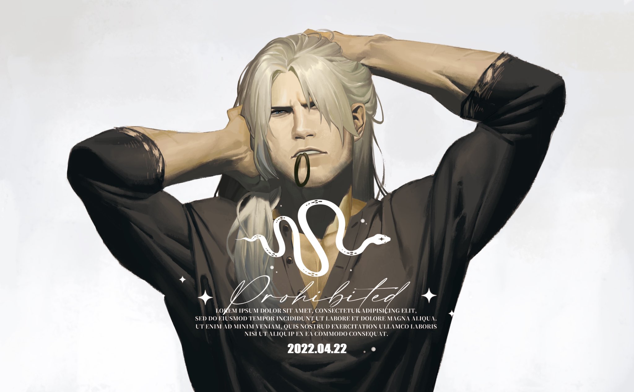 maozhu, dante (devil may cry), devil may cry (series), commentary request, highres, 1boy, arms up, dated, grey hair, hair tie in mouth, looking at viewer, lorem ipsum, male focus, mature male, mouth hold, shirt, simple background, snake, solo, upper body