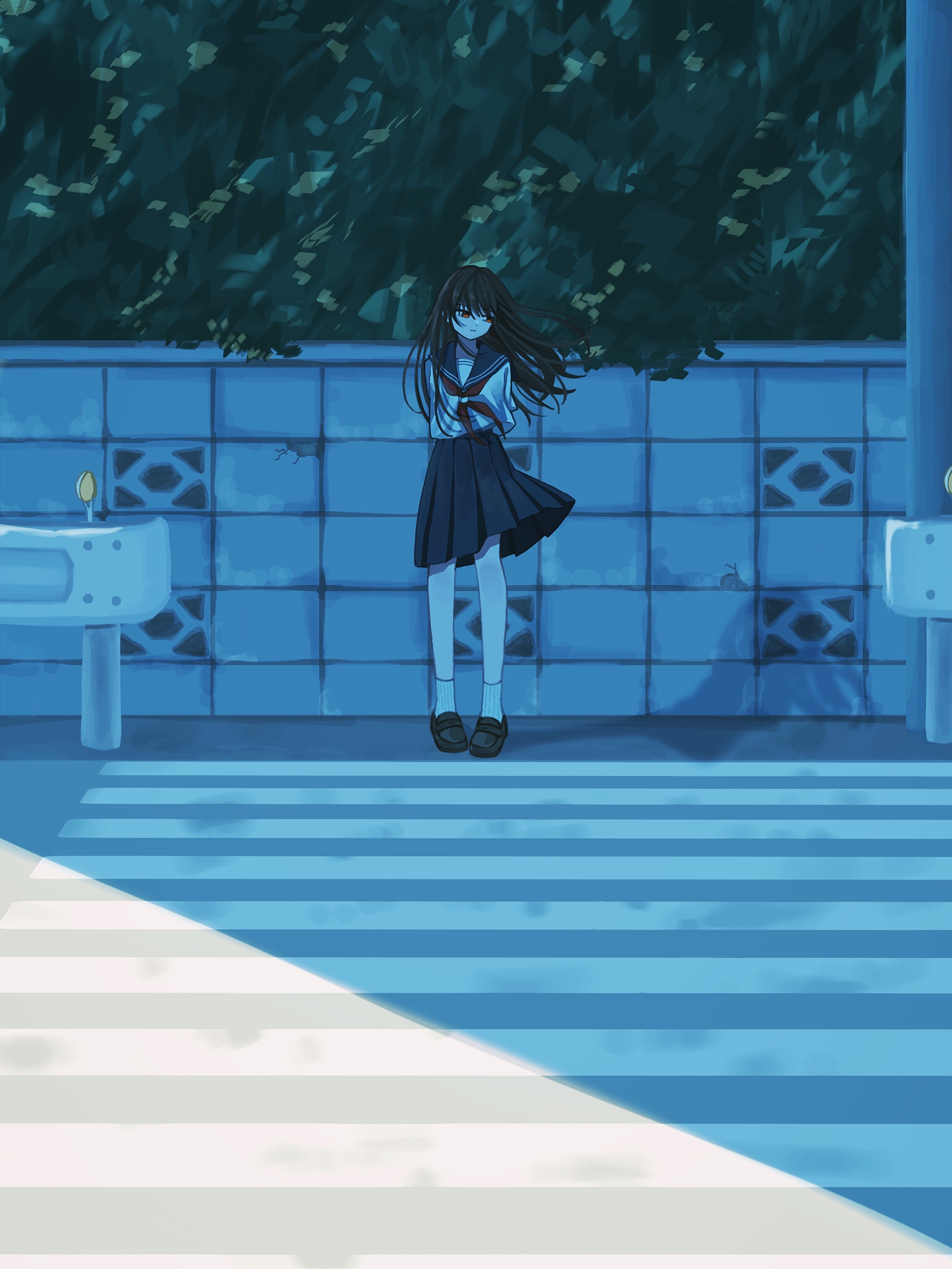 kuukou (user zexk2828), original, commentary, highres, 1girl, black hair, black sailor collar, black shoes, black skirt, crosswalk, expressionless, floating hair, full body, loafers, long hair, neckerchief, outdoors, pleated skirt, red eyes, red neckerchief, sailor collar, school uniform, serafuku, shade, shirt, shoes, short sleeves, skirt, socks, solo, standing, summer uniform, white shirt, white socks