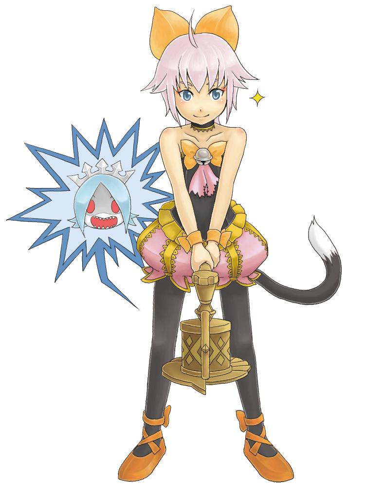 kuresawa shiki, celeb, sherlotta, final fantasy, final fantasy crystal chronicles, final fantasy crystal chronicles: echoes of time, 1girl, bare shoulders, bell, blue eyes, cat tail, female focus, pantyhose, pink hair, simple background, smile, solo, sparkle, staff, tail, white background