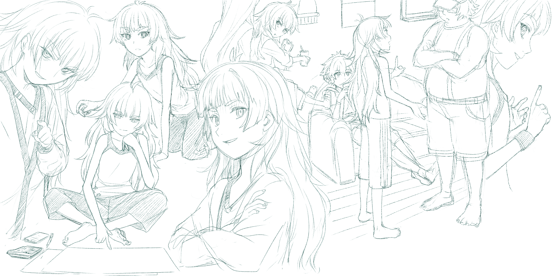 menomorute, amane suzuha, amane suzuha (beta), hashida itaru, hiyajou maho, makise kurisu, science adventure, steins;gate, steins;gate 0, highres, 1boy, 3girls, blunt bangs, crossed arms, crossed legs, dress, future gadget lab, jacket over dress, long hair, messy hair, monochrome, multiple girls, overalls, shorts, sitting, smile, smirk, tank top, very long hair, wristband