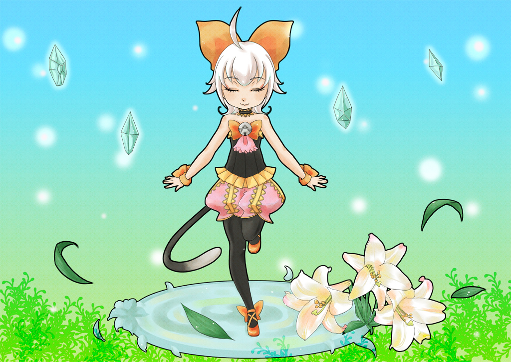 himeko (chp), sherlotta, final fantasy, final fantasy crystal chronicles, final fantasy crystal chronicles: echoes of time, 1girl, bell, cat tail, closed eyes, crystal, female focus, flower, pantyhose, pink hair, solo, tail