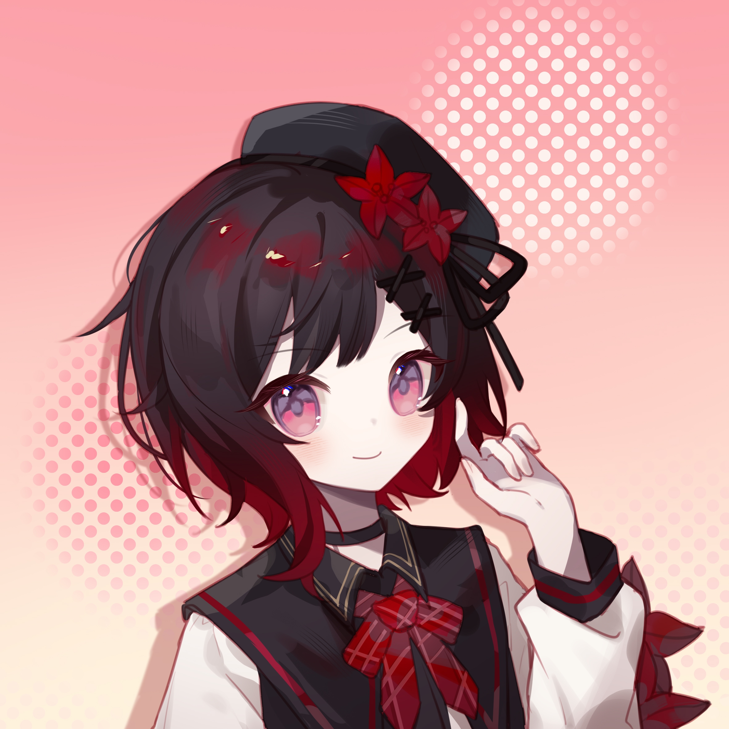 nikaido hiro, sakuraba ema, mahou shoujo no majo saiban, chinese commentary, commentary request, highres, 1girl, alternate color, beret, black choker, black hair, black hat, choker, closed mouth, flower, gradient background, gradient hair, hair flower, hair ornament, hand up, hat, long sleeves, looking at viewer, multicolored hair, neck ribbon, pink background, pink eyes, qiannie, red hair, red ribbon, ribbon, short hair, smile, solo, upper body, x hair ornament