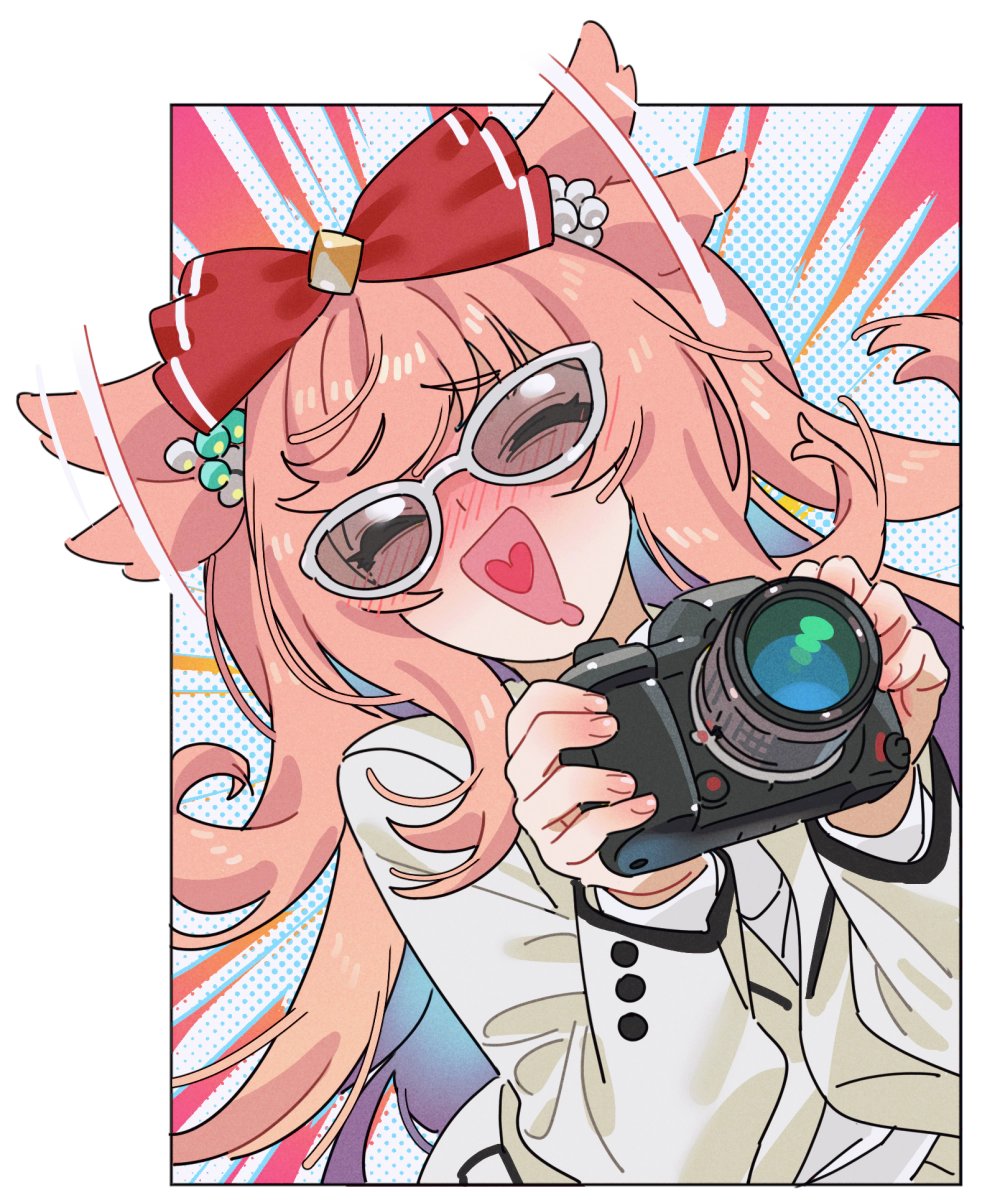 sarcophage, agnes digital (umamusume), umamusume, commentary request, highres, 1girl, :d, ^ ^, animal ears, blush, bow, camera, closed eyes, ear wiggle, facing viewer, hair bow, heart, heart in mouth, holding, holding camera, horse ears, horse girl, jacket, open mouth, outside border, pink hair, red bow, smile, solo, white jacket