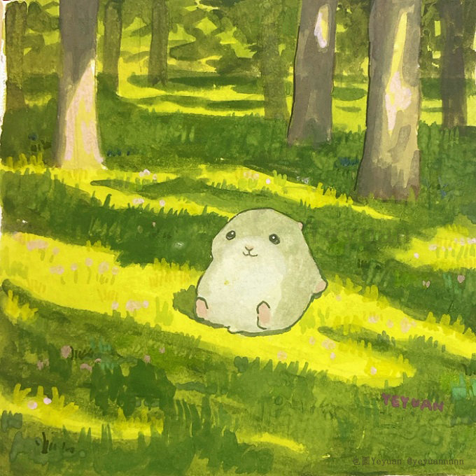 yeyuan33, original, commentary, english commentary, painting (medium), traditional media, watercolor (medium), animal, animal focus, day, grass, green theme, hamster, nature, no humans, outdoors, scenery, shade, tree