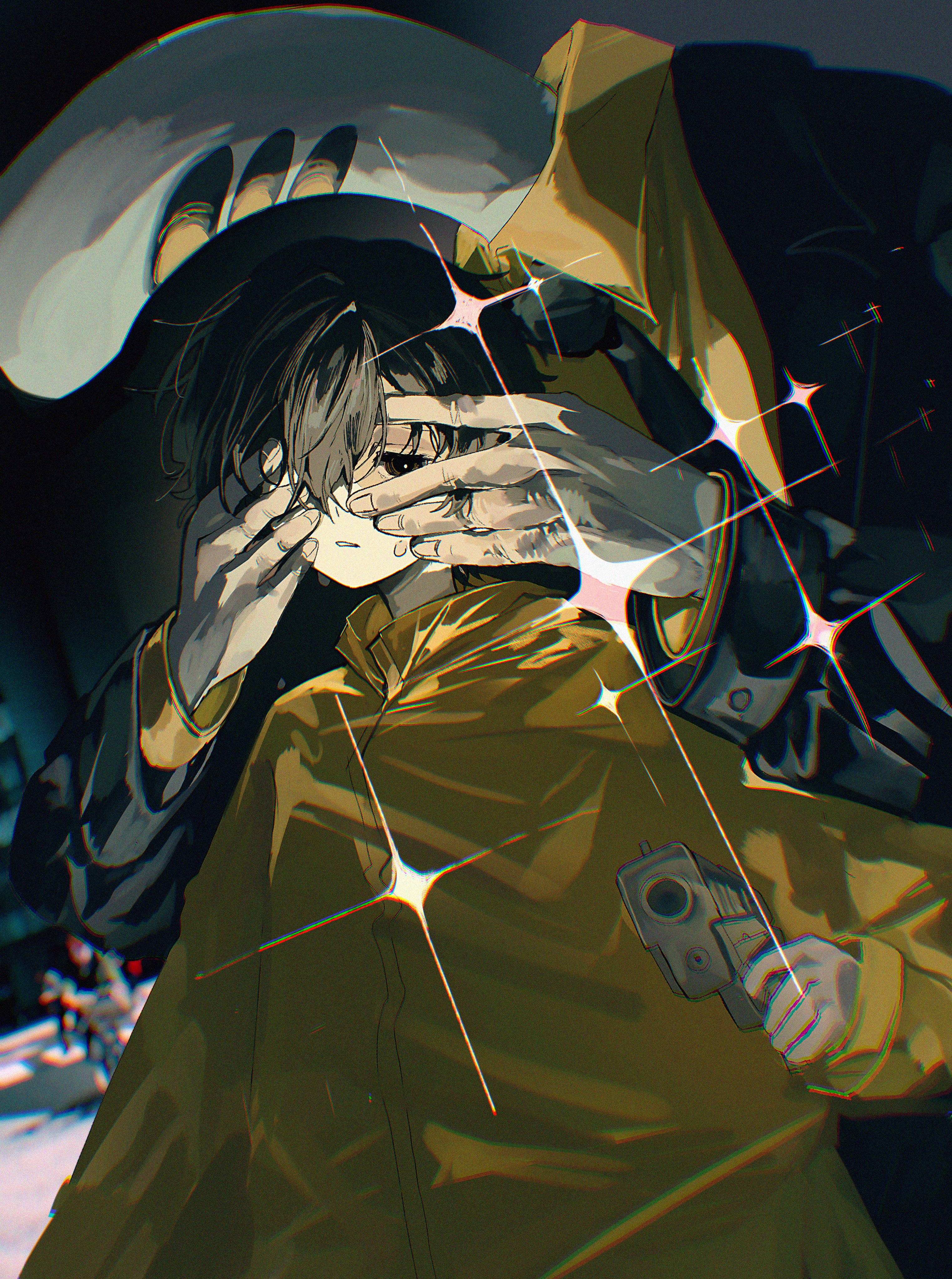 fuchi sunao, eve (musician), absurdres, highres, 1boy, 1other, black eyes, black hair, black jacket, black necktie, blurry, blurry background, burn scar, chromatic aberration, collared shirt, covering another's eye, formal clothes, gun, hair between eyes, handgun, hands on another's face, holding, holding gun, holding weapon, insomnia (song), jacket, john m, long sleeves, looking at viewer, mr. creepy pasta, necktie, raincoat, scar, shirt, short hair, solo focus, sparkle, suit, weapon, yellow raincoat, yellow shirt