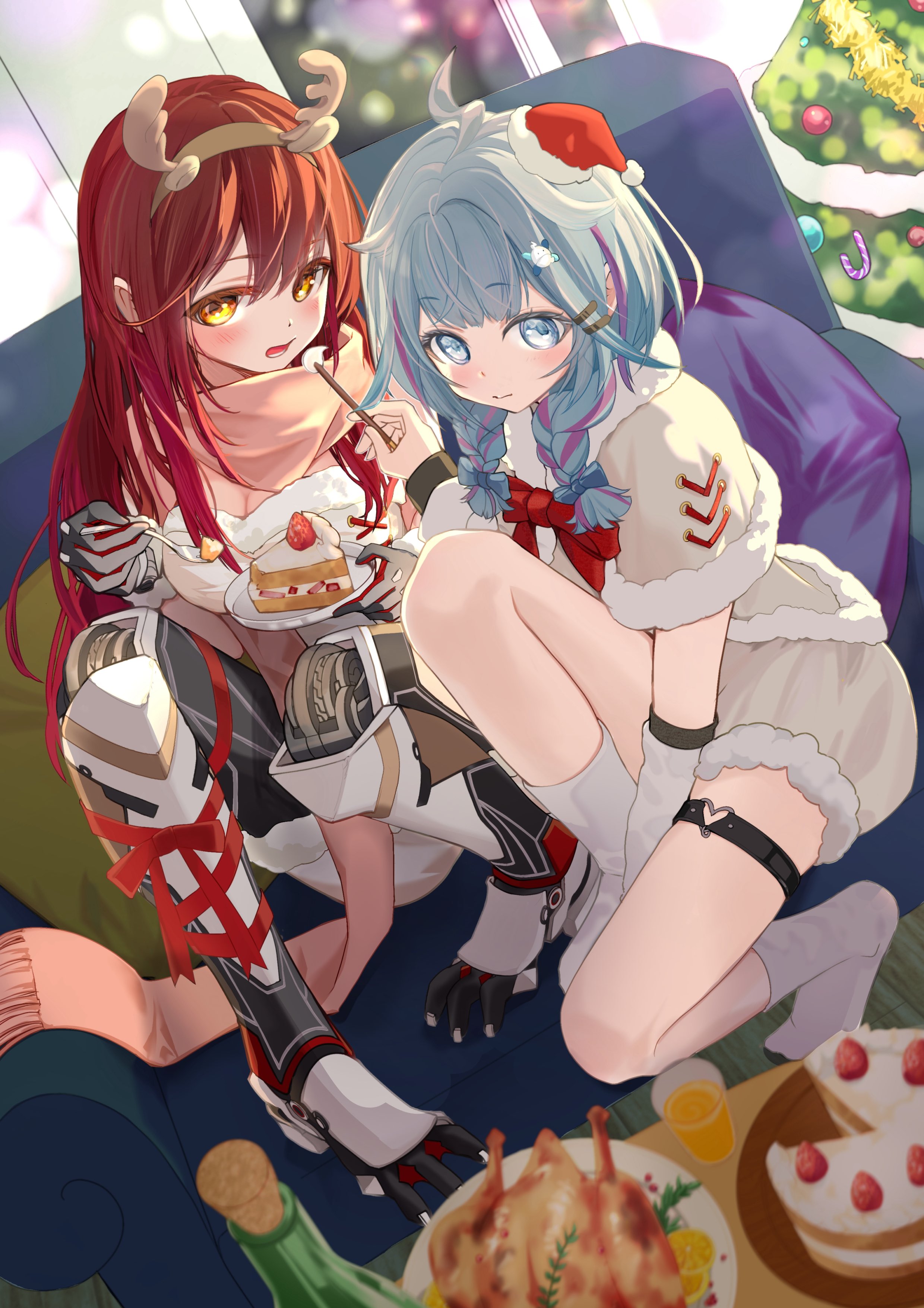 bzr2t1zlen79184, mizumiya su, roboco-san, hololive, hololive dev is, absurdres, commentary request, highres, 2girls, ahoge, ankle wrap, antlers, blue bow, blue eyes, blue hair, bow, bowtie, braid, breasts, brown hair, cake, cake slice, capelet, christmas, christmas tree, cleavage, couch, detached sleeves, dress, dutch angle, fake antlers, food, full body, fur-trimmed capelet, fur-trimmed dress, fur-trimmed sleeves, fur trim, glass, gradient hair, hair flaps, hair ornament, hat, heart, heart o-ring, holding, holding saucer, holding spoon, horns, knee up, knees up, lightning ahoge, long hair, looking at viewer, low twin braids, mechanical legs, mini hat, mini santa hat, multicolored hair, multiple girls, o-ring, o-ring thigh strap, on couch, pillow, pink hair, pink streaks, red bow, red bowtie, red hair, reindeer antlers, santa hat, saucer, scarf, sidelocks, sitting, socks, spoon, streaked hair, thigh strap, turkey (food), twin braids, two-tone hair, virtual youtuber, white capelet, white dress, white socks, x hair ornament, yellow eyes