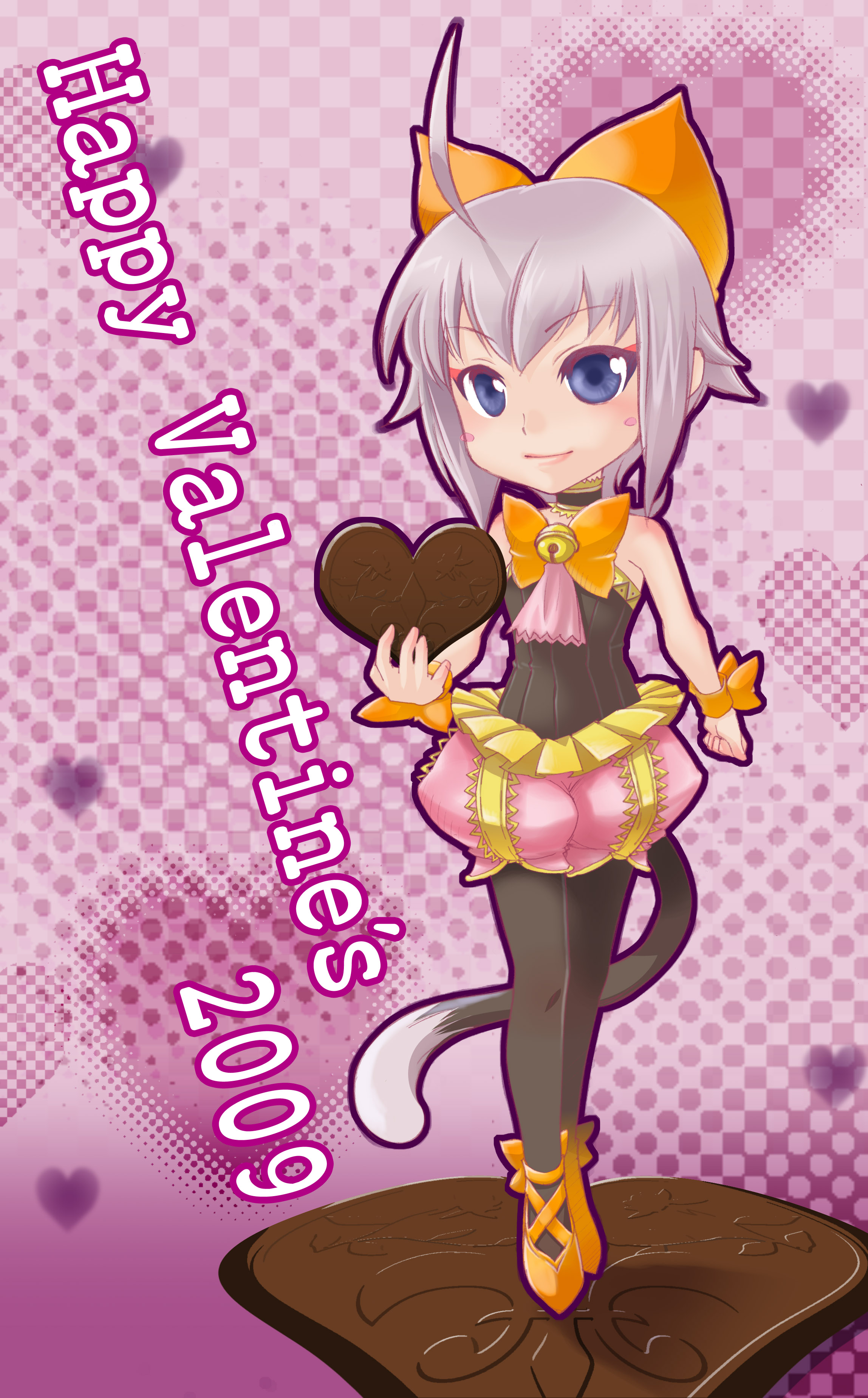 akainu xo, sherlotta, final fantasy, final fantasy crystal chronicles, final fantasy crystal chronicles: echoes of time, silver hair, absurdres, highres, 00s, 1girl, 2009, bell, blue eyes, candy, cat tail, chocolate, chocolate heart, choker, dated, female focus, fleur-de-lis, food, halftone, happy valentine, heart, pantyhose, solo, tail, valentine