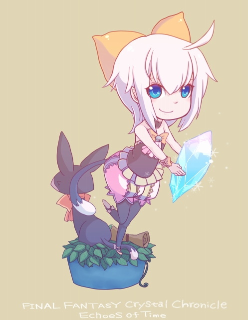 tahara emu, sherlotta, sherlotta (cat), final fantasy, final fantasy crystal chronicles, final fantasy crystal chronicles: echoes of time, bad id, bad pixiv id, 1girl, blue eyes, cat, cat tail, chibi, crystal, female focus, pink hair, solo, tail