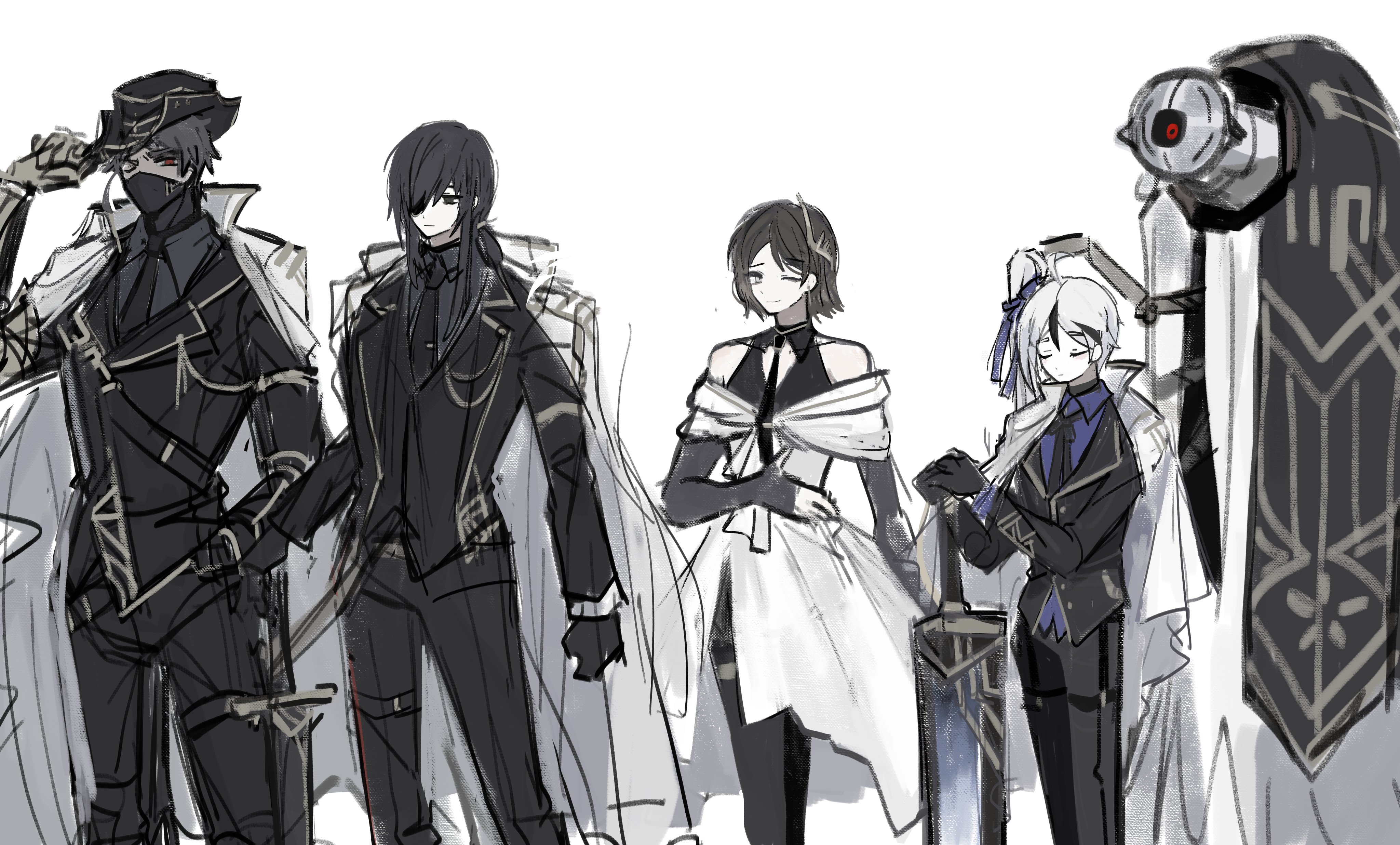 esther (project moon), gloria (project moon), moirai (project moon), yan vismok, library of ruina, project moon, hubert (project moon), absurdres, highres, 2girls, 3boys, black gloves, black hair, black jacket, black necktie, black pants, brown hair, cape, closed mouth, coat, coat on shoulders, dress, gloves, jacket, long hair, multiple boys, multiple girls, necktie, off-shoulder dress, off shoulder, one eye closed, pants, pipi1359, robot, short hair, side ponytail, simple background, smile, very long hair, white background, white cape, white coat, white dress, white hair