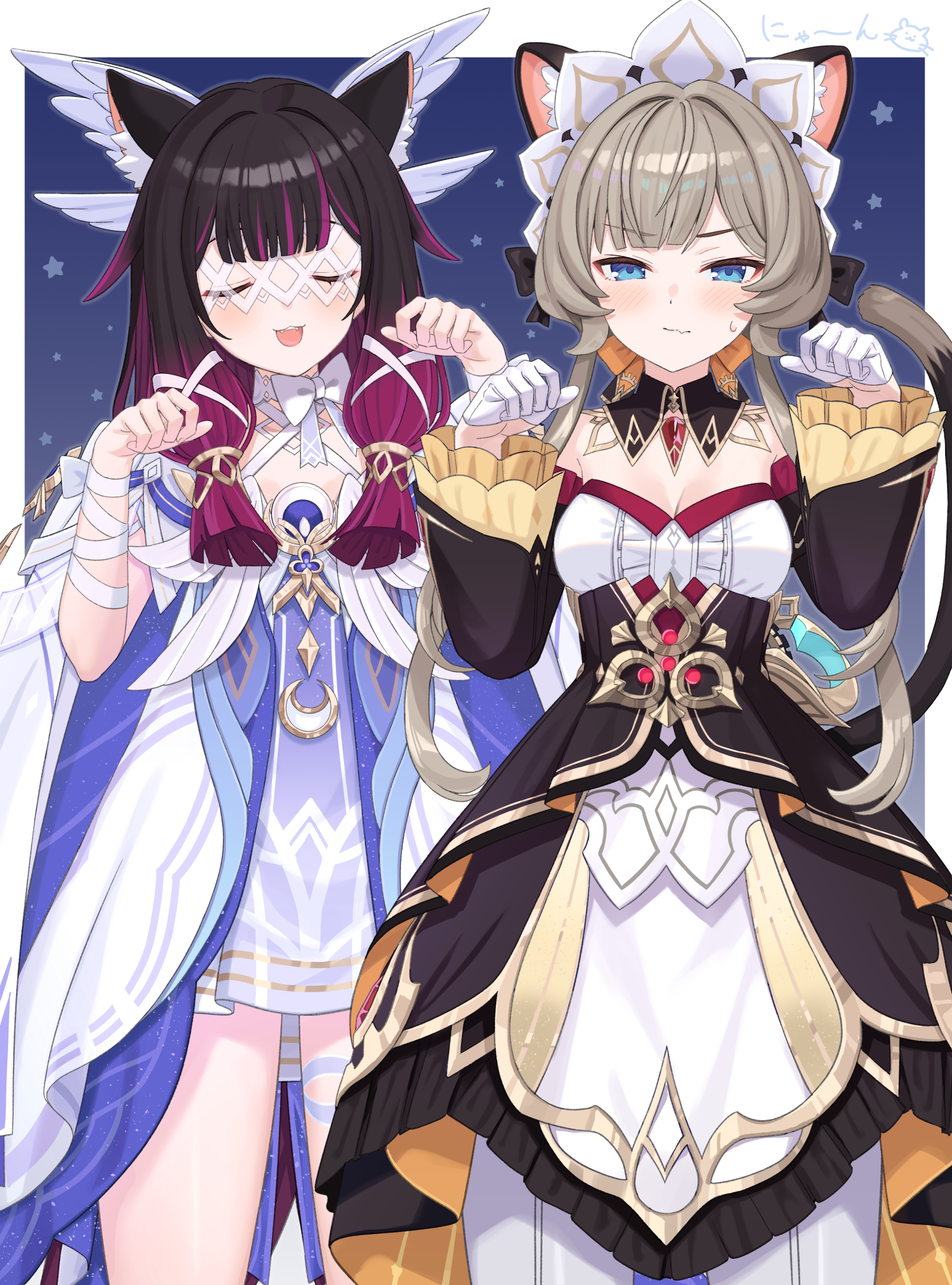 tsukimi yaya, columbina (genshin impact), sandrone (genshin impact), genshin impact, highres, 2girls, animal ears, black dress, black hair, blue eyes, breasts, cat ears, cat tail, cleavage, closed eyes, closed mouth, detached sleeves, dress, facing viewer, fake animal ears, gloves, half gloves, hands up, long hair, long sleeves, looking at viewer, multiple girls, open mouth, pantyhose, paw pose, purple hair, short hair with long locks, smile, standing, tail, white dress, white gloves, white pantyhose