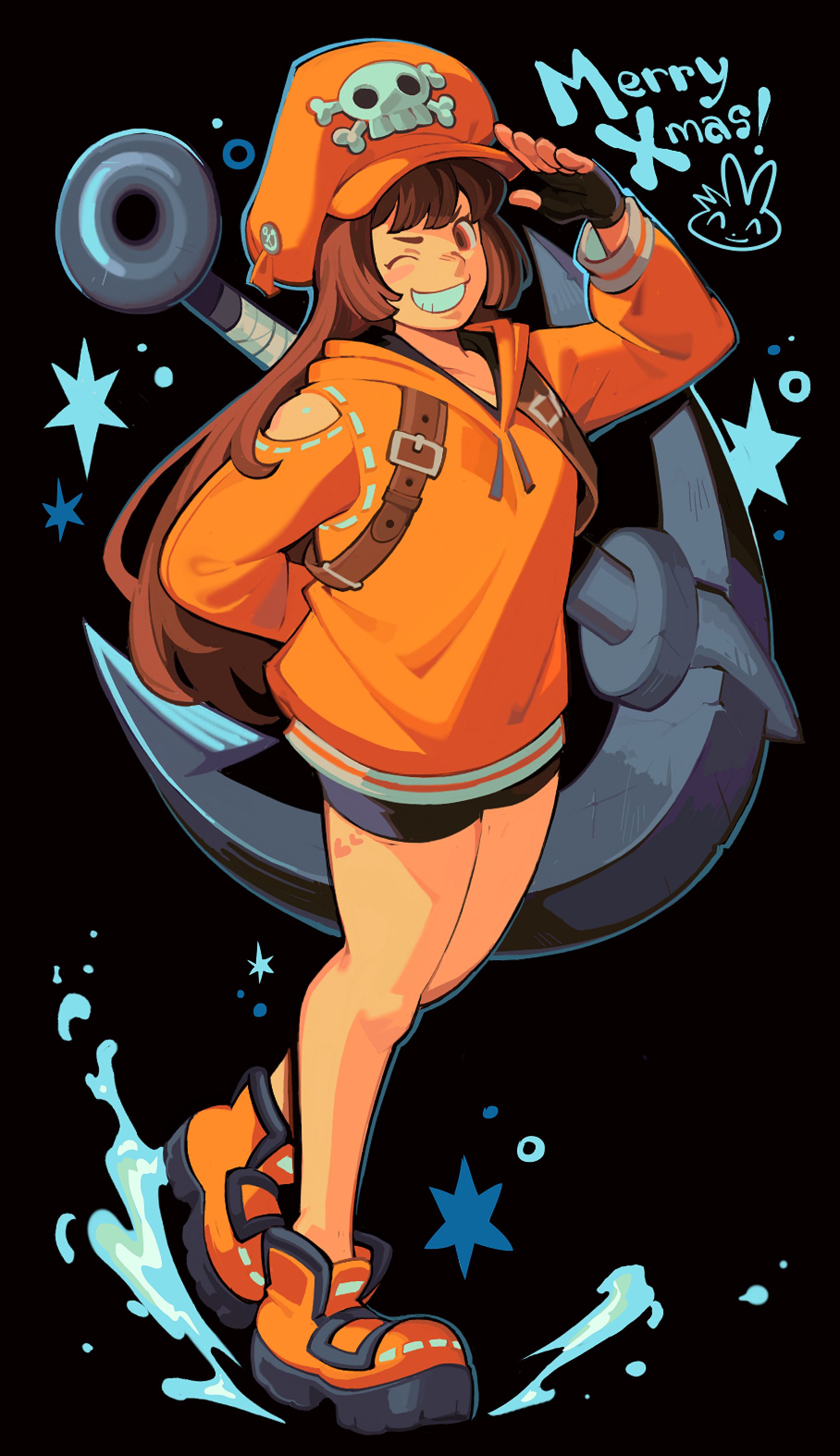 sorrysap, may (guilty gear), guilty gear, guilty gear strive, absurdres, commentary, english commentary, highres, 1girl, ;d, anchor, arm behind back, bike shorts, black background, black gloves, black shorts, brown eyes, brown hair, fingerless gloves, full body, gloves, hat, jacket, long hair, long sleeves, merry christmas, one eye closed, open mouth, orange hat, orange jacket, orange shoes, shoes, shorts, skull and crossbones, smile, solo, teeth