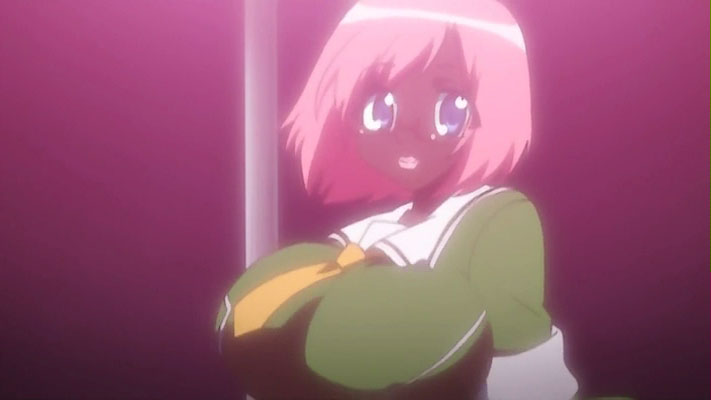 kemeko deluxe, anime screenshot, 00s, 1girl, blue eyes, breasts, dark-skinned female, dark skin, female focus, glasses, huge breasts, lips, pink hair, pole, pole dancing, school uniform, solo, unknown