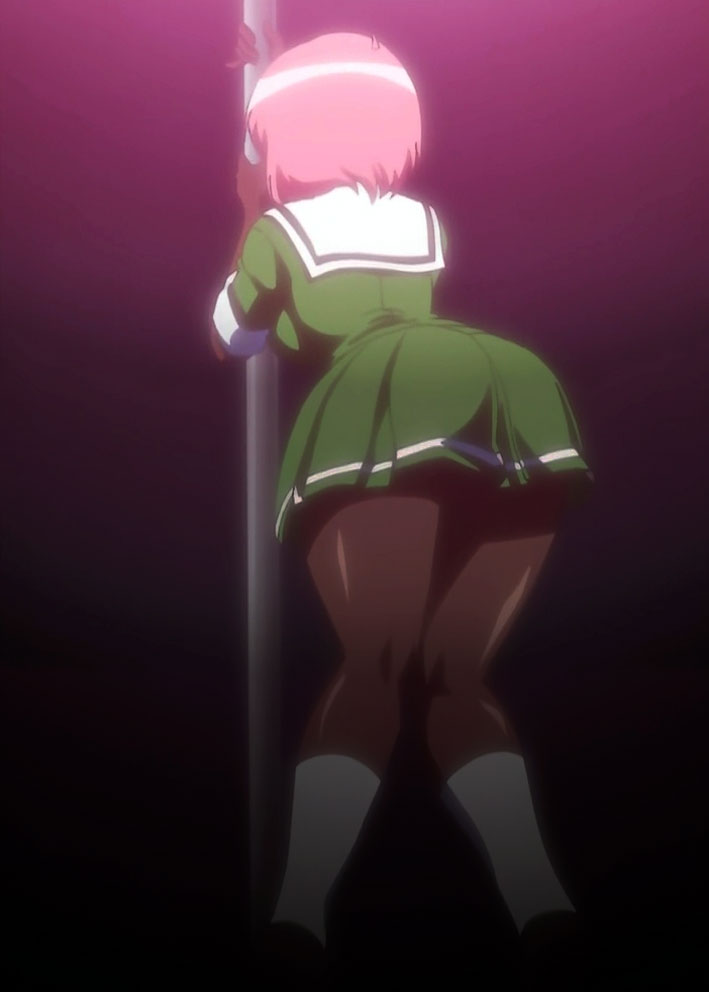 kemeko deluxe, anime screenshot, 00s, 1girl, ass, curvy, dark-skinned female, dark skin, female focus, pink hair, pole, pole dancing, school uniform, socks, solo, unknown