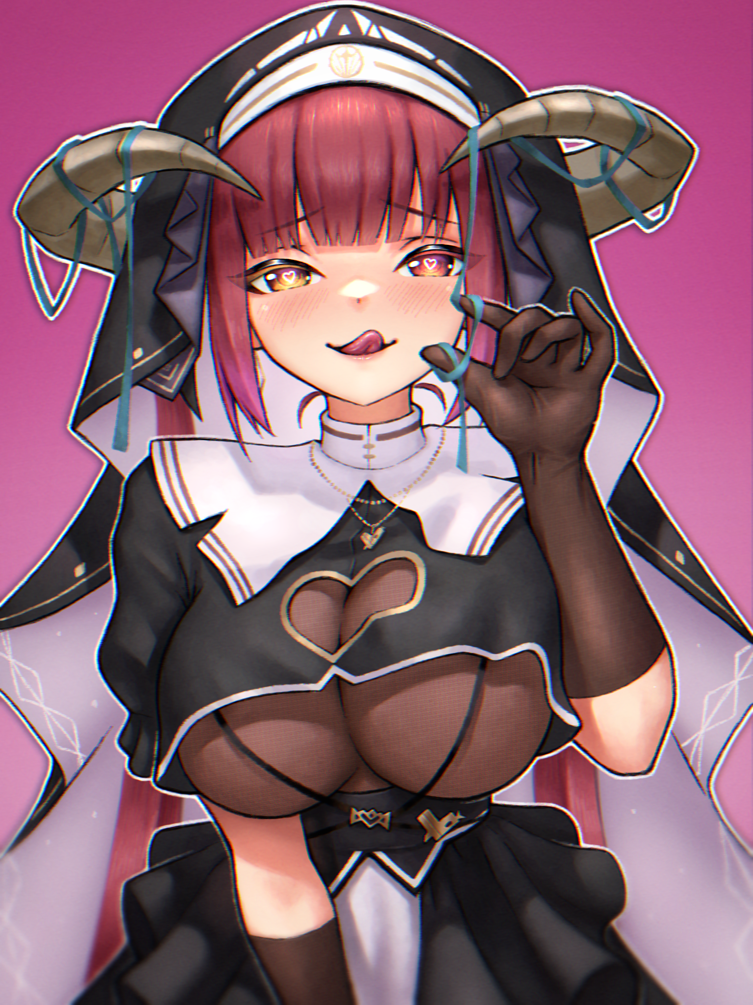 skylock, houshou marine, houshou marine (ahoy!! you're all pirates), hololive, commentary, highres, 1girl, black coif, black gloves, black shirt, black skirt, blunt bangs, breasts, cleavage cutout, clothing cutout, cropped shirt, curled horns, gloves, gradient background, hand up, heart, heart-shaped pupils, heart cutout, heterochromia, horns, jewelry, large breasts, long hair, looking at viewer, necklace, nun, official alternate costume, official alternate hairstyle, pink background, red eyes, red hair, shirt, simple background, skin tight, skirt, solo, straight-on, symbol-shaped pupils, tongue, tongue out, upper body, very long hair, virtual youtuber, yellow eyes