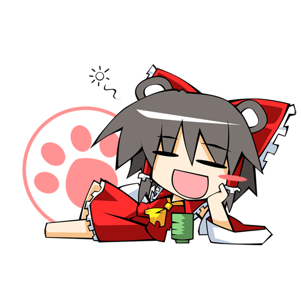 hemogurobin a1c, hemogurobina1c, hakurei reimu, touhou, 1girl, animal ears, black hair, bow, chibi, cup, detached sleeves, female focus, japanese clothes, kemonomimi mode, lying, miko, on side, paw print, solo