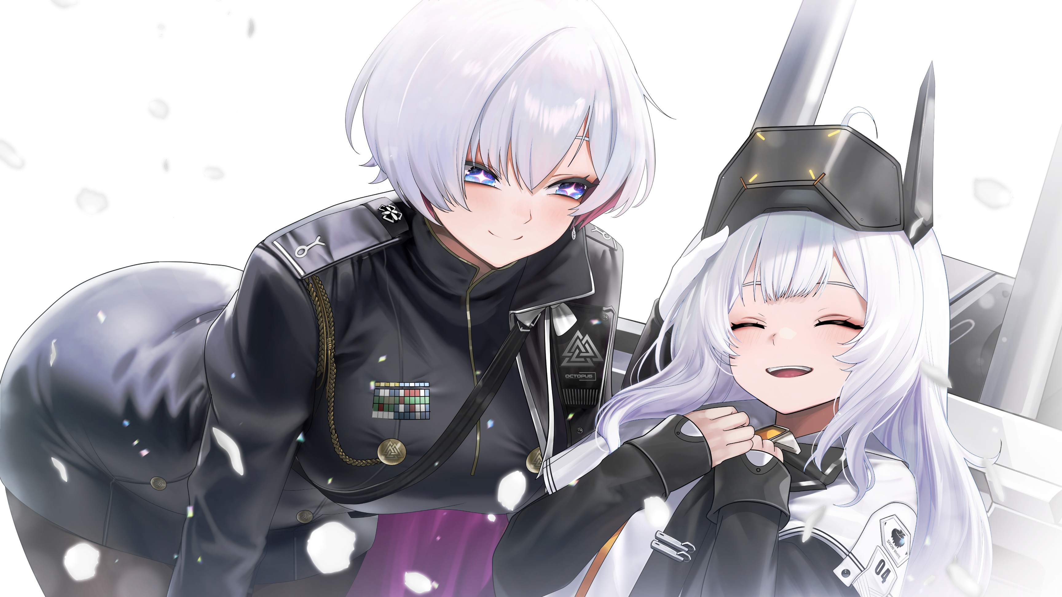 teddypocky, liliweiss (nikke), snow white (nikke), goddess of victory: nikke, absurdres, commentary request, highres, 2girls, bent over, black pantyhose, blue eyes, blush, breasts, closed eyes, closed mouth, colored inner hair, large breasts, long hair, long sleeves, looking at another, multicolored hair, multiple girls, open mouth, pantyhose, short hair, simple background, smile, symbol-shaped pupils, white background