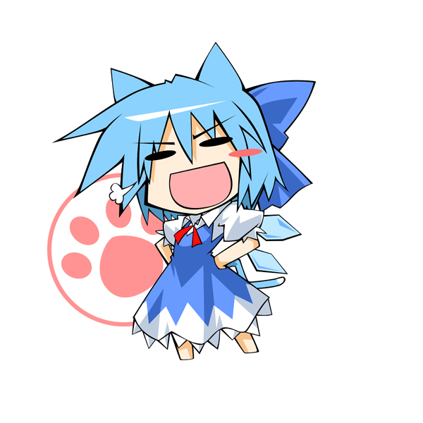 hemogurobin a1c, hemogurobina1c, cirno, embodiment of scarlet devil, touhou, 1girl, animal ears, blue hair, cat ears, cat tail, chibi, female focus, hair ribbon, hands on own hips, kemonomimi mode, paw print, ribbon, short hair, solo, tail, wings