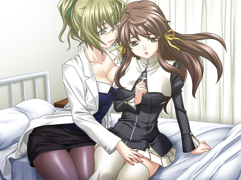 kawahara maya (futanari kanon-chan), shinonome kanon, futanari kanon-chan, game cg, 2girls, blonde hair, breasts, brown eyes, brown hair, cleavage, glasses, lipstick, makeup, multiple girls, nurse, open mouth, tongue