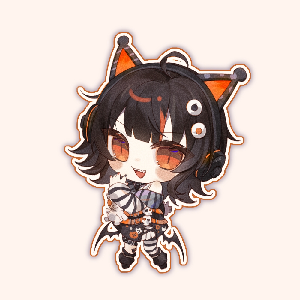 sawatari coco, mahou shoujo no majo saiban, chinese commentary, commentary request, 1girl, :d, ahoge, animal ear headphones, animal ears, bat wings, black hair, black sweater, cat ear headphones, cat ears, chibi, chibi only, fake animal ears, full body, headphones, long sleeves, looking at viewer, multicolored hair, open mouth, orange eyes, outline, qiannie, sharp teeth, slit pupils, smile, solo, standing, streaked hair, sweater, teeth, white outline, wings