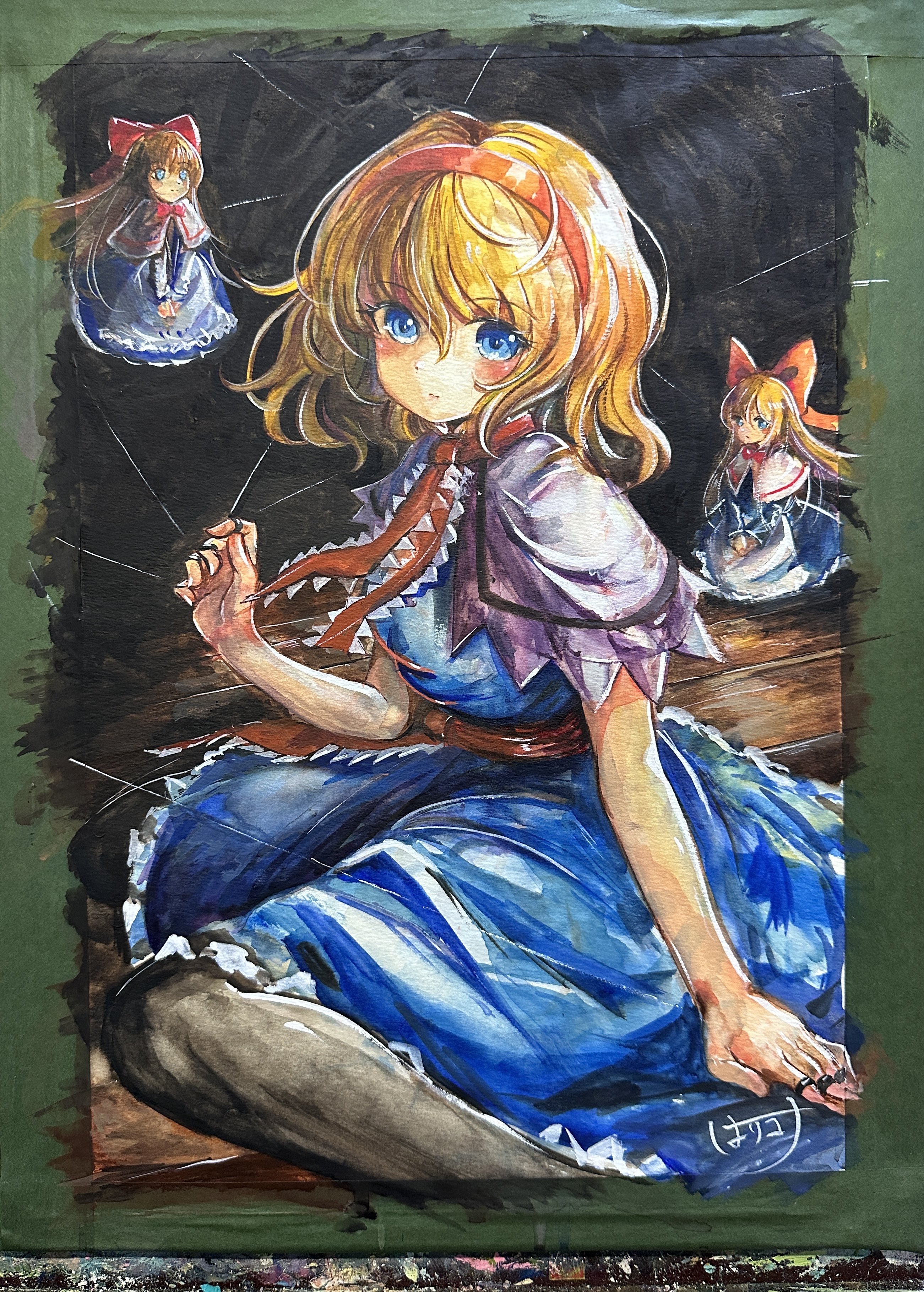 harikona, alice margatroid, shanghai doll, touhou, absurdres, commentary request, highres, painting (medium), traditional media, watercolor (medium), 1girl, black pantyhose, blonde hair, blue dress, blue eyes, blush, capelet, closed mouth, doll, dress, hairband, jewelry, long hair, looking at viewer, pantyhose, puppet rings, puppet strings, red hairband, ring, signature, solo, white capelet