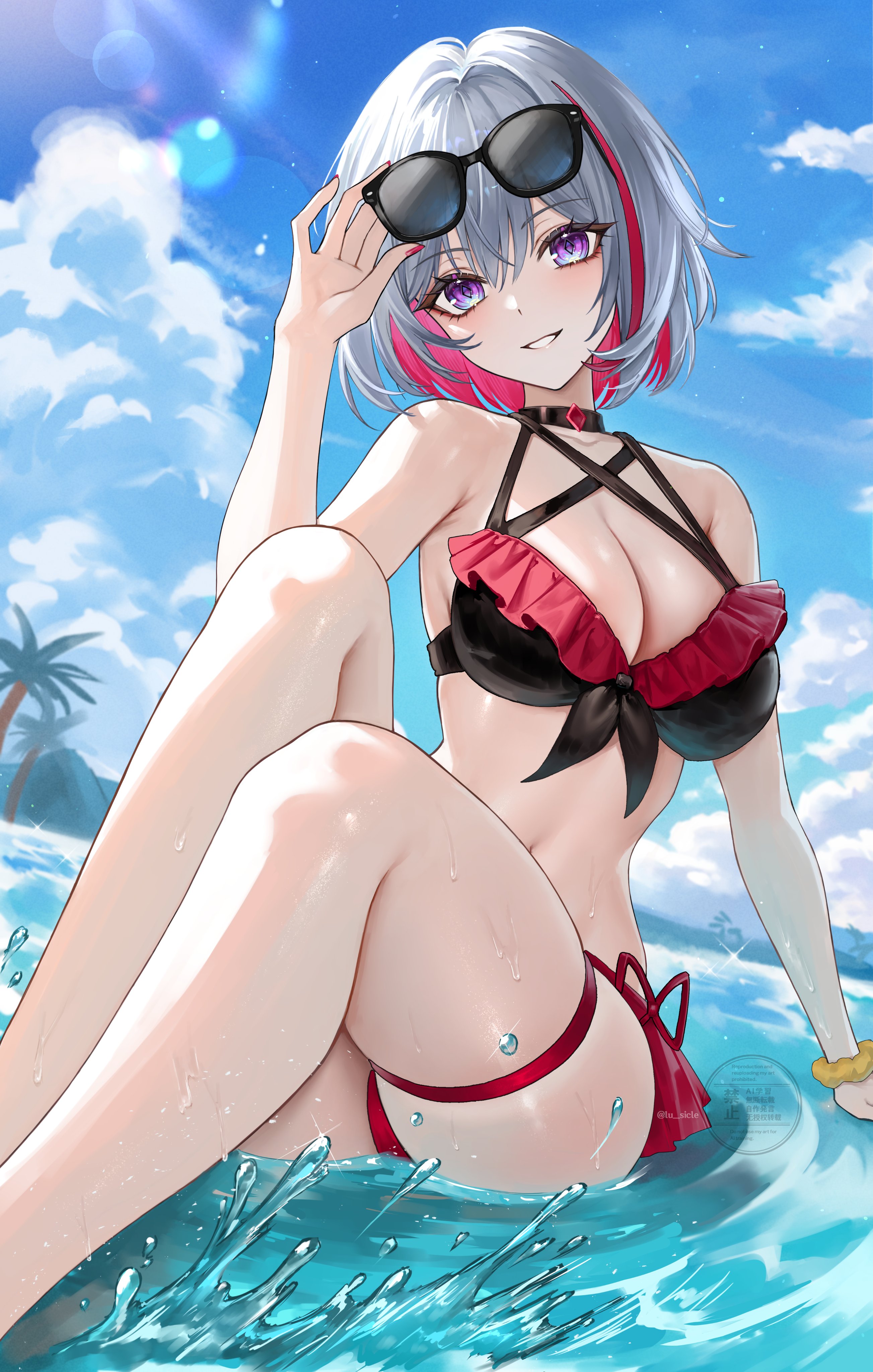 sicle, topaz (honkai: star rail), honkai: star rail, honkai (series), absurdres, commentary, hashtag-only commentary, highres, 1girl, adjusting eyewear, alternate costume, bare shoulders, bikini, blue sky, breasts, cloud, colored inner hair, cumulonimbus cloud, day, eyewear on head, front-tie bikini top, front-tie top, large breasts, lens flare, looking at viewer, multicolored hair, navel, outdoors, parted lips, pink hair, shallow water, short hair, sitting, sky, smile, solo, stomach, streaked hair, sunglasses, swimsuit, thigh strap, thighs, water, wet, white hair