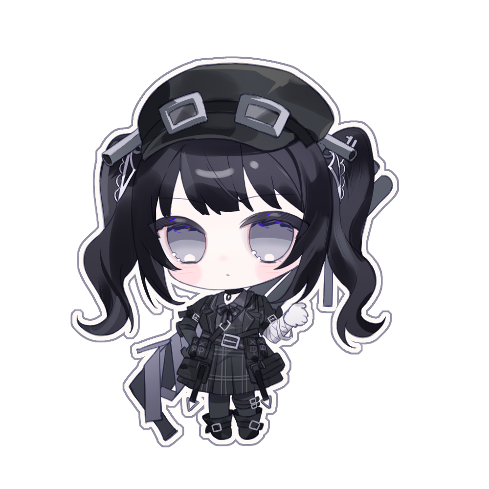 kurobe nanoka, mahou shoujo no majo saiban, chinese commentary, commentary request, 1girl, black choker, black hair, black hat, black jacket, black ribbon, chibi, chibi only, choker, closed mouth, full body, goggles, goggles on headwear, grey eyes, hat, jacket, long hair, long sleeves, looking at viewer, neck ribbon, outline, qiannie, ribbon, simple background, solo, standing, transparent background, twintails, white outline